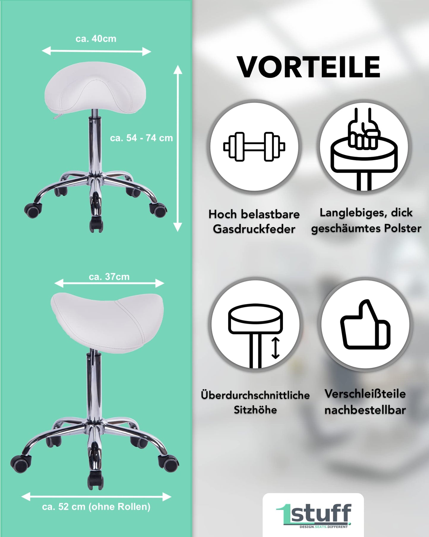 1stuff® Saddle Stool MULY - seat height up to approx. 74cm - ergonomic rolling stool office stool doctor stool work stool practice stool swivel stool (leatherette royal blue)