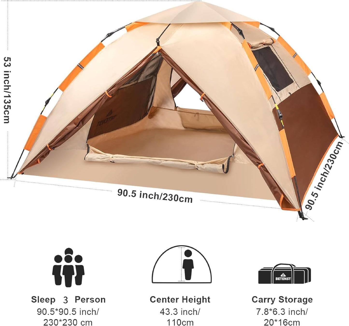 Prayset camping tent, pop-up tent for 3 persons, family dome tent waterproof, windproof with 2 mesh doors, 2 mesh windows, 2 in 1 double layers, carry bag for camping, hiking, backpacking.