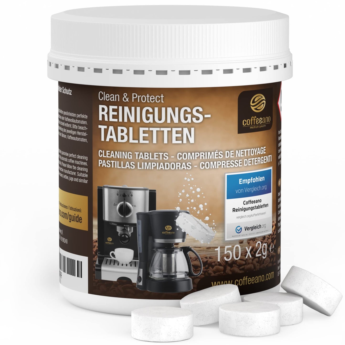 Coffeeano 150 cleaning tablets for fully automatic coffee machines and coffee makers. Cleaning tabs for Delonghi, Siemens, EQ Series, Jura, Krups, Bosch, Miele, Melitta, WMF, and more.