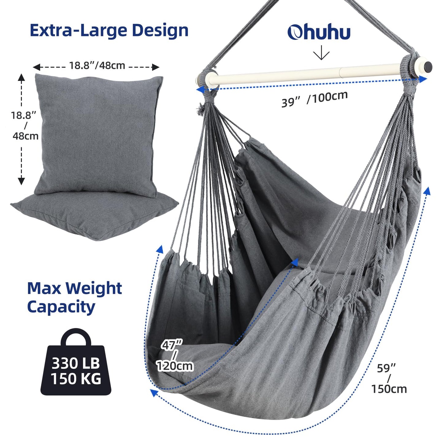 Ohuhu Hanging Chair with 2 Pillows and Ceiling Hook Kit, Outdoor XL Hammock Chair for Adults & Kids up to 150kg, Hammock Swing Suspension for Indoor/Outdoor Bedroom and Garden, Gray