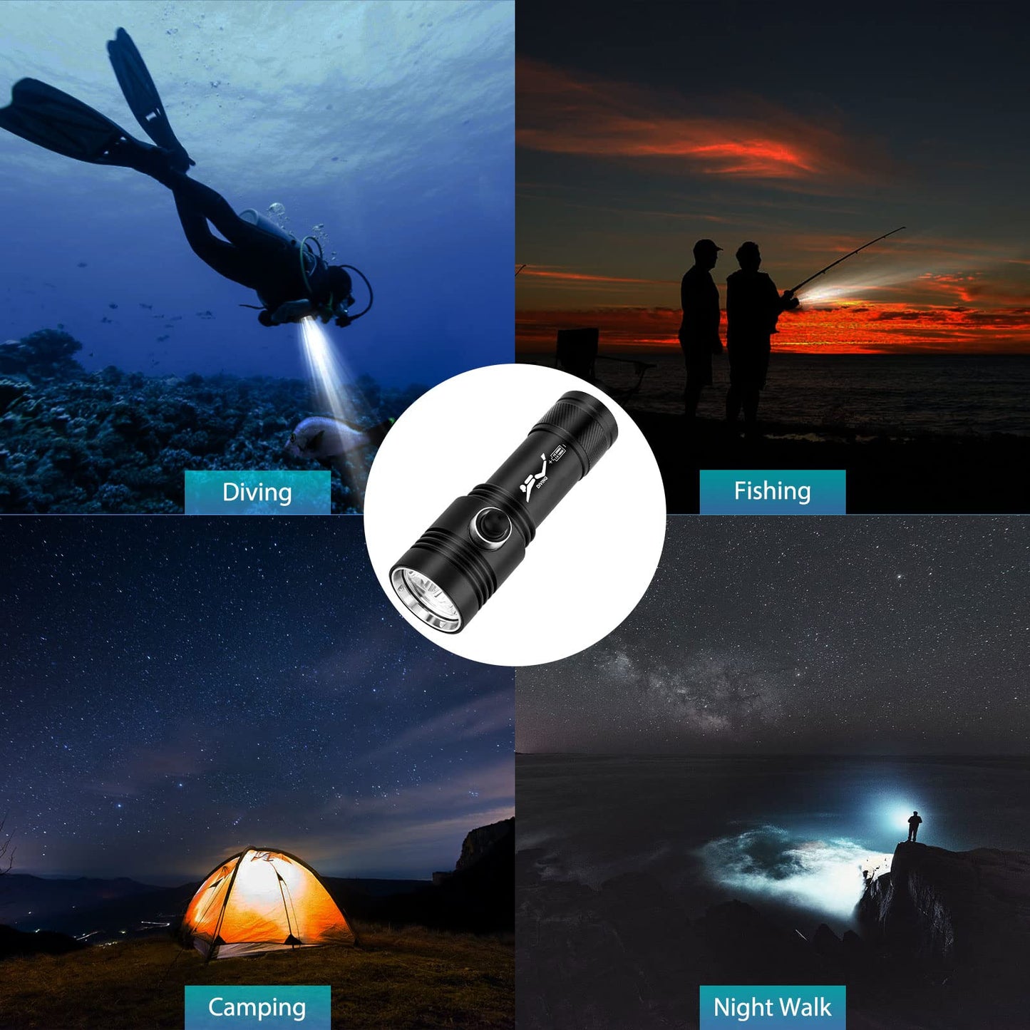 Kriogor 2600 Lumens Diving Flashlight, Underwater Submarine Light with 2 Modes, IPX7 Waterproof LED Dive Torch for Underwater, Outdoor (Battery not included)