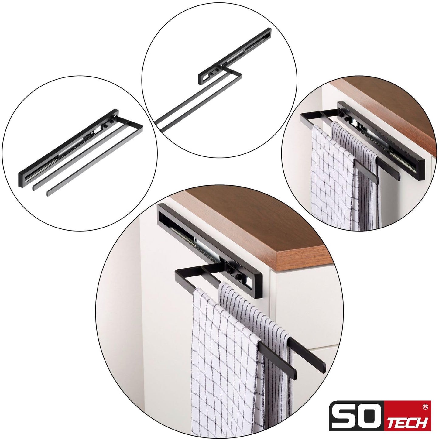 SOTECH towel pull-out Style 2-armed black 415 mm extension length 300 mm towel holder for side mounting on washbasin in bathroom and kitchen.