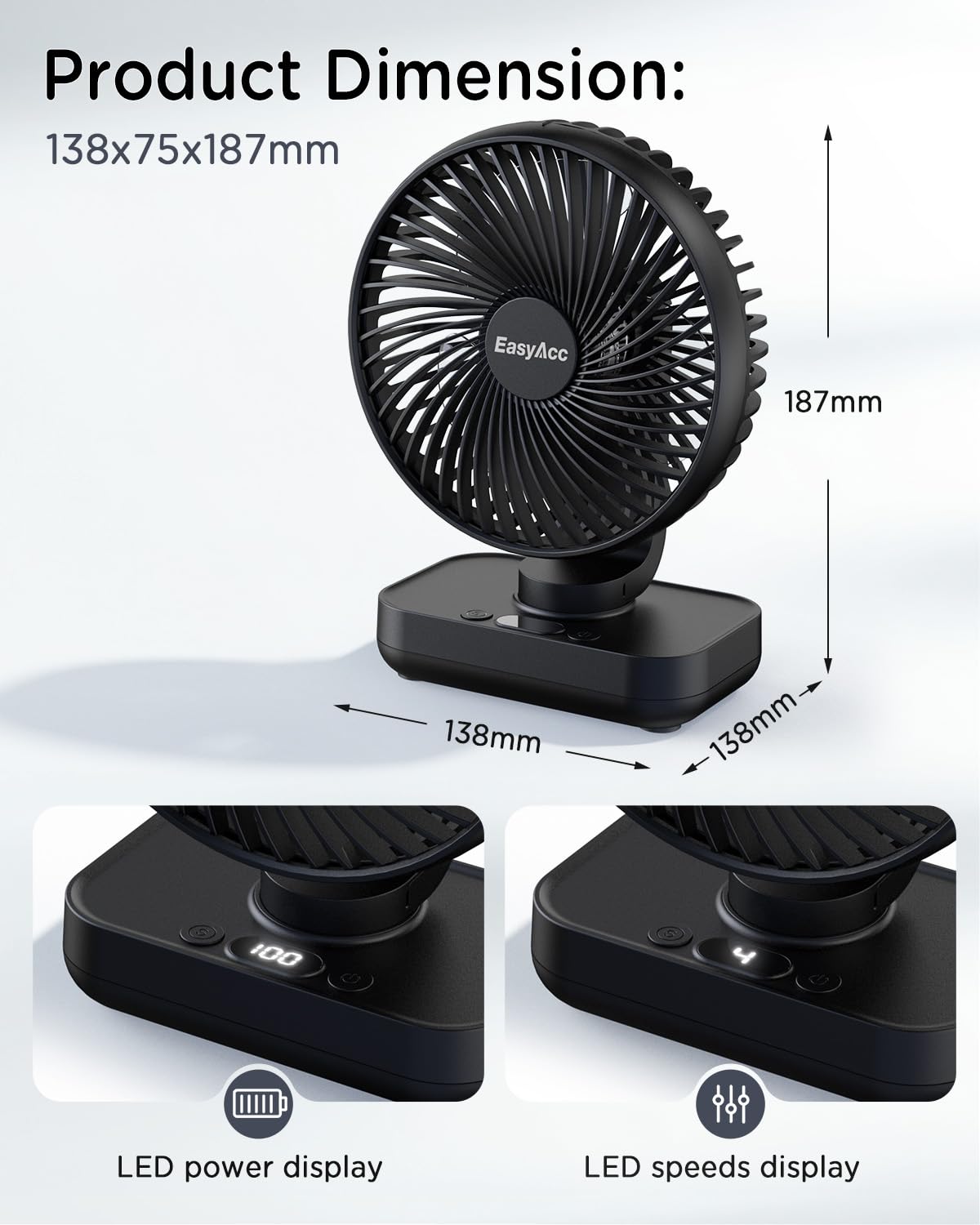 EasyAcc Table Fan, 4000 Battery Automatic Oscillating Small USB Fan, Portable Rechargeable Base Fans with 4 Speeds for Camping, Office, Library, and Home - Black