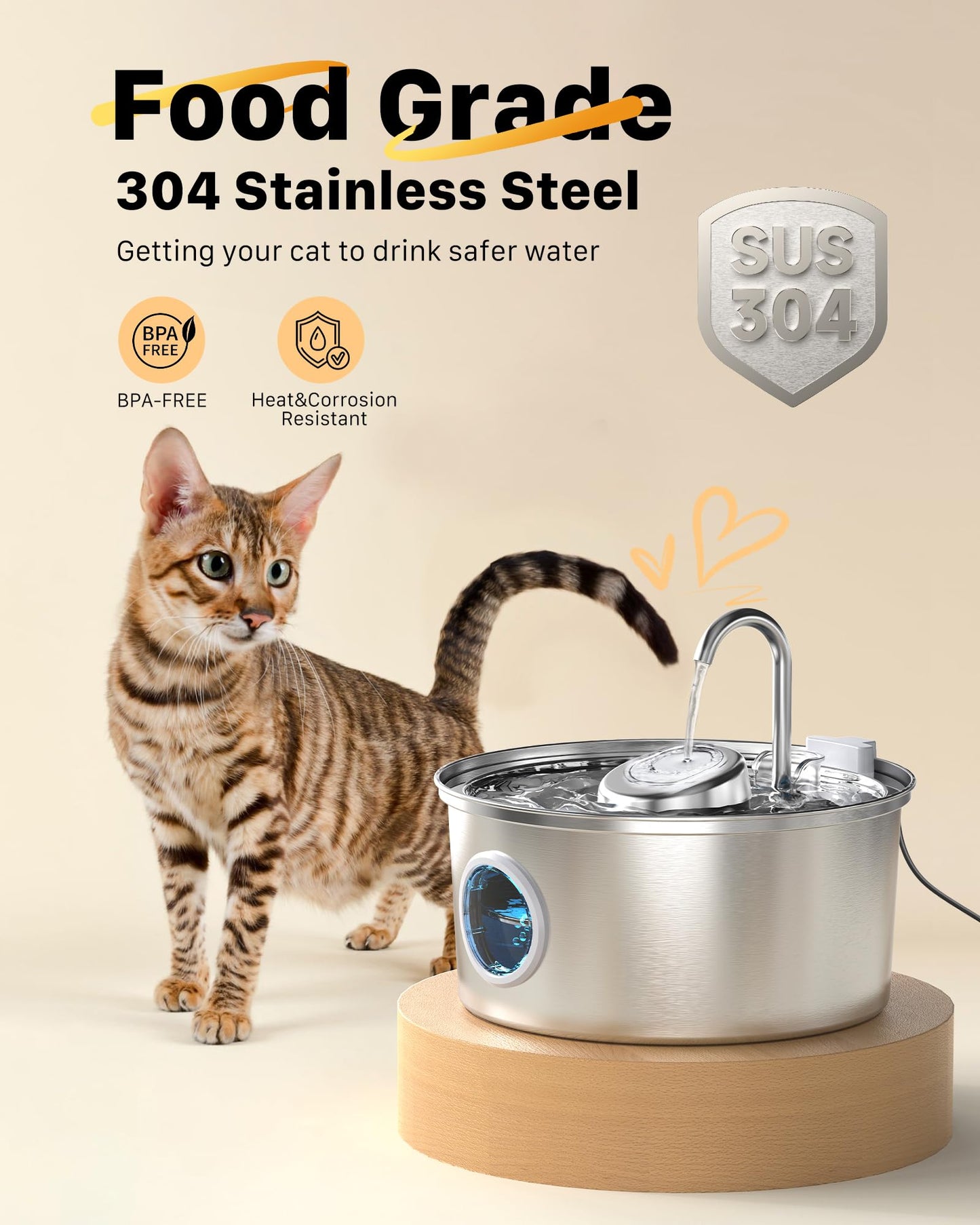 Cat fountain: 3.2L drinking fountain for cats with transparent window - Cat fountain for cats made of stainless steel in the shape of a water tap - Silent water pump - Multiple filtration - KOOGMOON