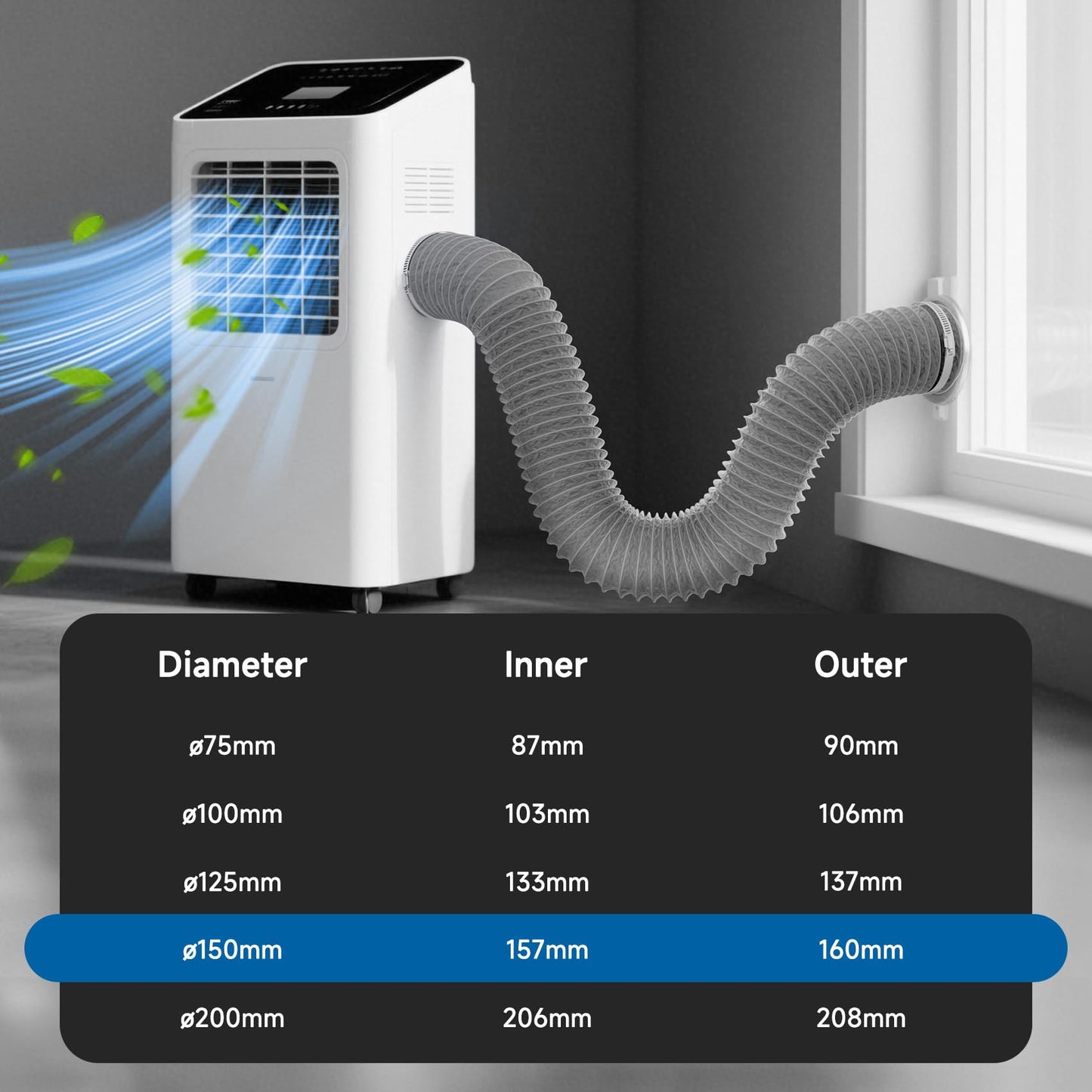 Hon&Guan exhaust duct ø150mm ventilation duct soundproofed thermal insulation aluminum flex pipe length 2.5m, Flexible PVC aluminum flex hose for pipe fan, fan, kitchen, air conditioning