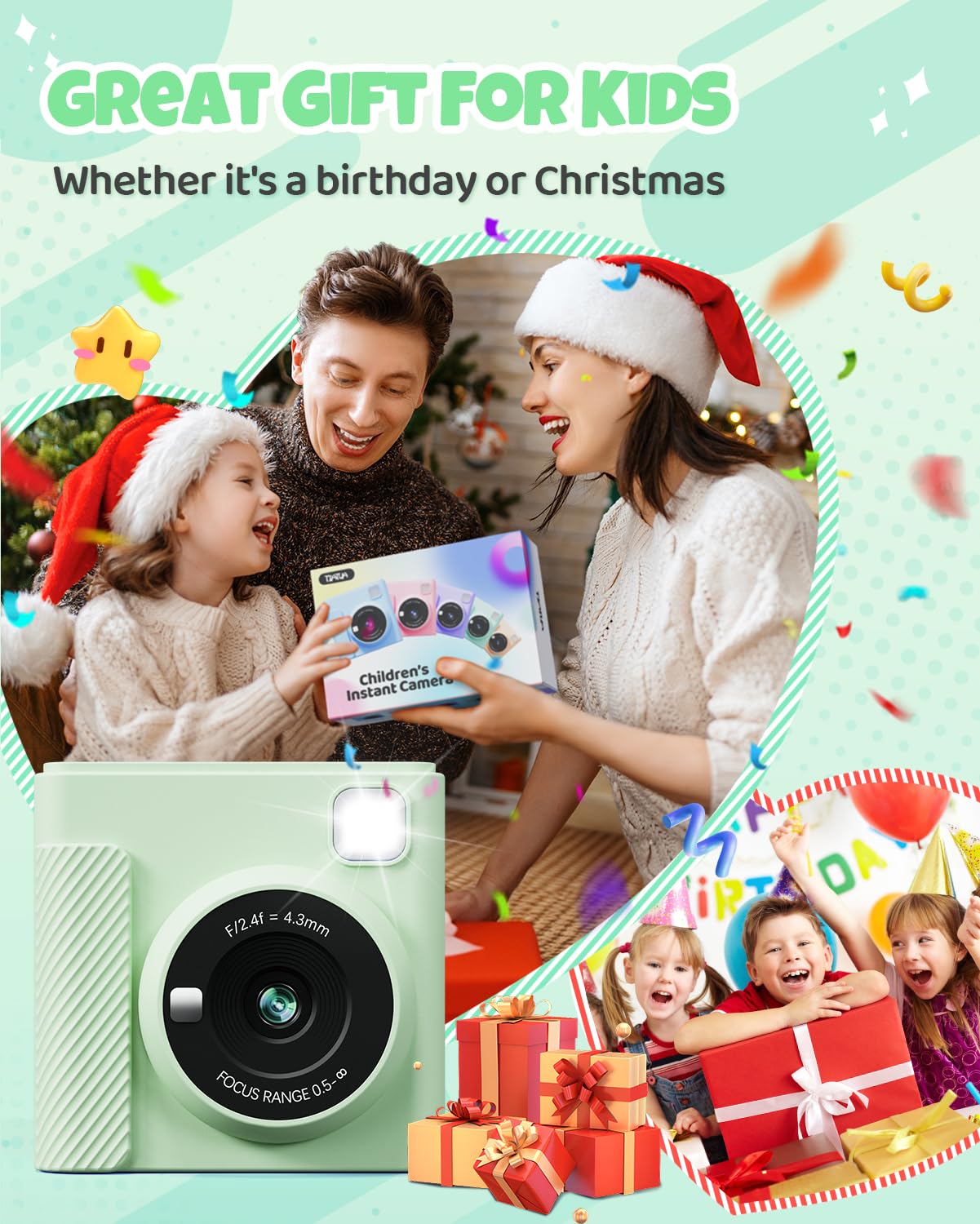 TIATUA Kids Instant Camera, 2.4" Instant Camera for Kids with 32G Card and Photo Paper Print, 1080P HD Kids Digital Camera, Gifts for Boys and Girls 3-12 Years (Green)