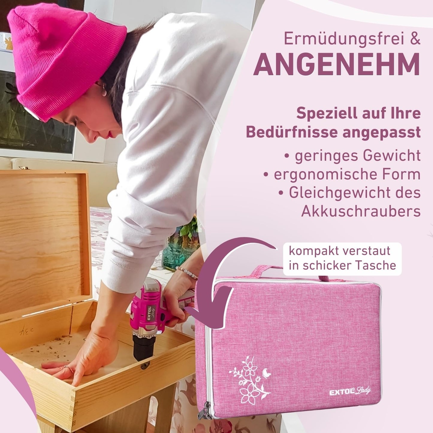 Praise Lady cordless drill for women I 12 Volt cordless screwdriver for women I Drill for wood, metal & plastic I Cordless drill with 12-piece bit & drill set + bag I Tool set Pink