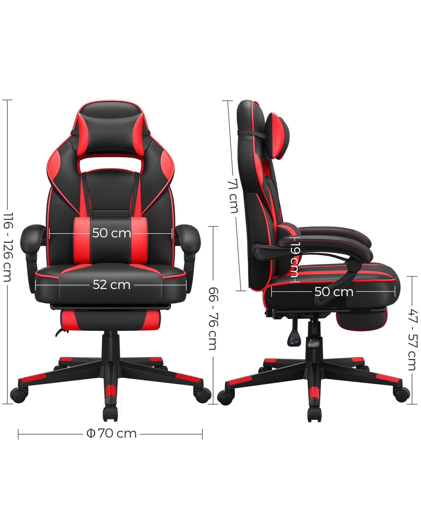 SONGMICS Office Chair, Desk Chair, Extendable Footrest, Headrest, Lumbar Pillow, Height Adjustable, Ergonomic, Reclining Backrest, Supports up to 150kg, Ink Black-Strawberry Red OBG73BRV1