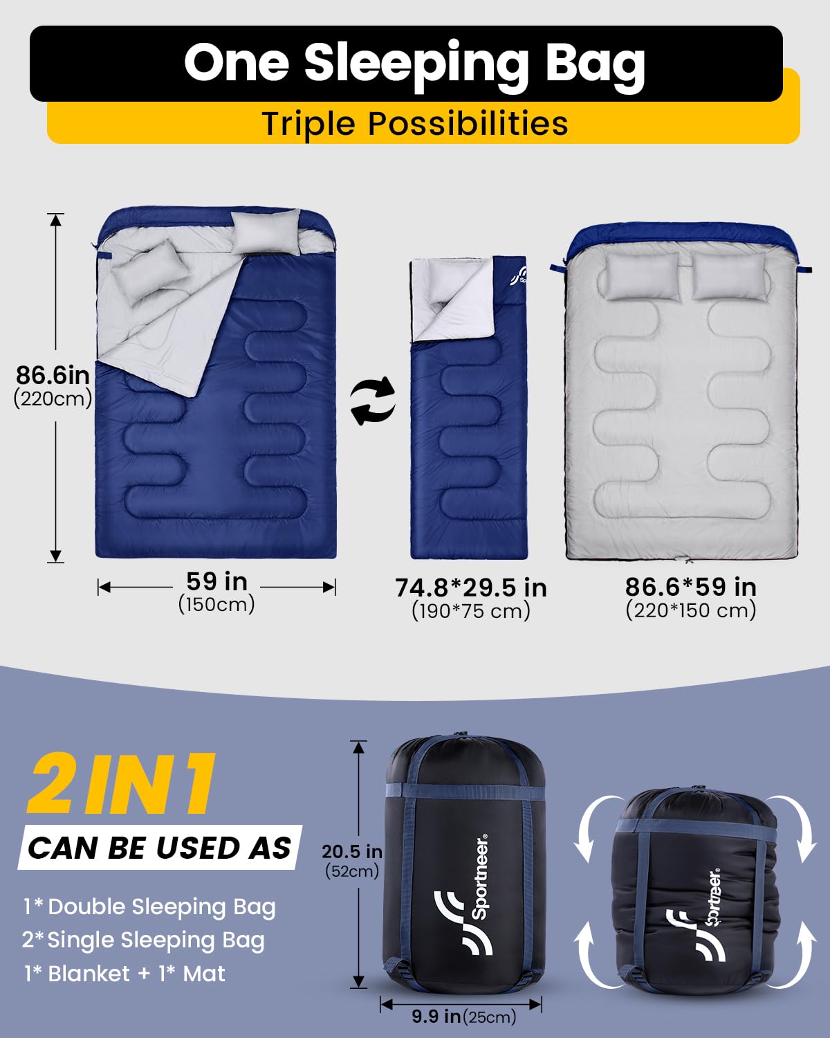 Outdoor Sleeping Bag: Sportneer Double Sleeping Bag for 2 People, 220x150cm, 3.5kg with 2 pillows, Four Double Zippers, Adult Family Blanket Sleeping Bag, Blue