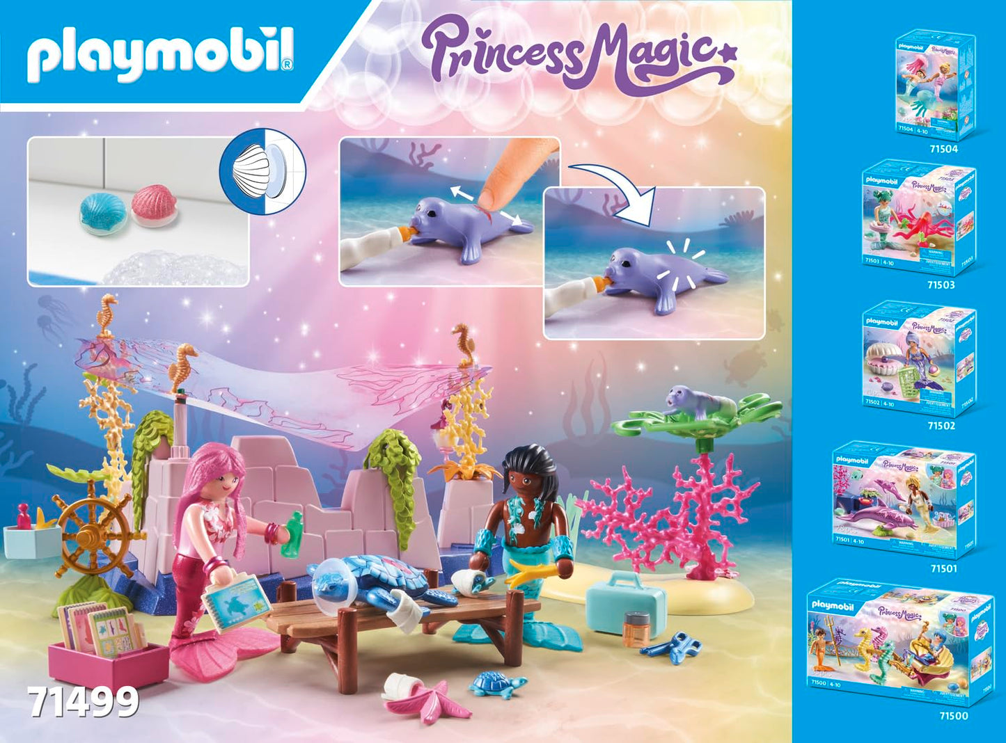 PLAYMOBIL Princess Magic 71499 Underwater Animal Care for marine creatures, caring for sea animals, includes care station, bandages, and more, diverse toys for kids ages 4 and up.