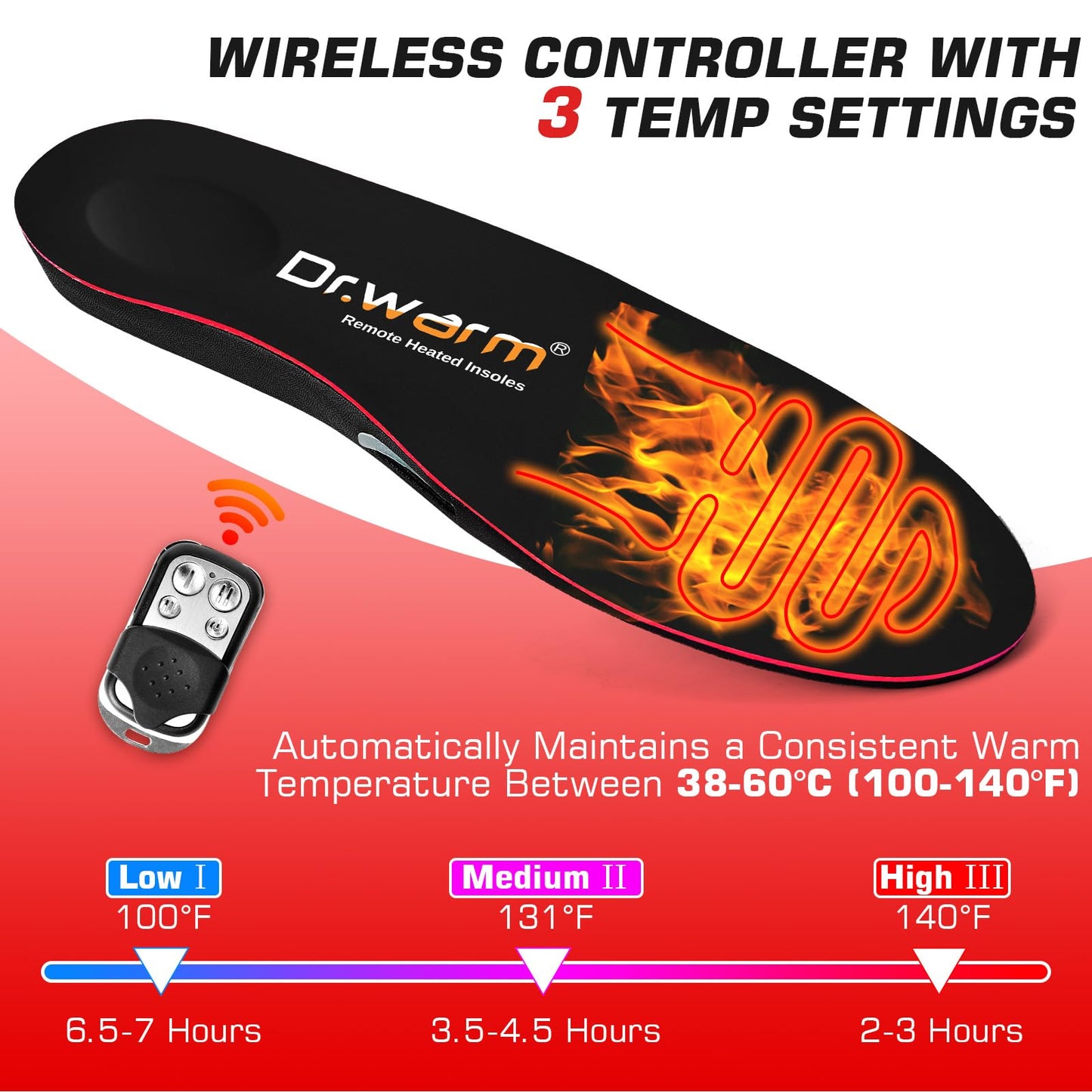Dr. Warm Heated Insoles, Remote Control Thermal Insoles, Rechargeable Heated Shoe Inserts for Men & Women, Foot Warmers for Camping, Hiking, Skiing, and Outdoor Work (Black, S)