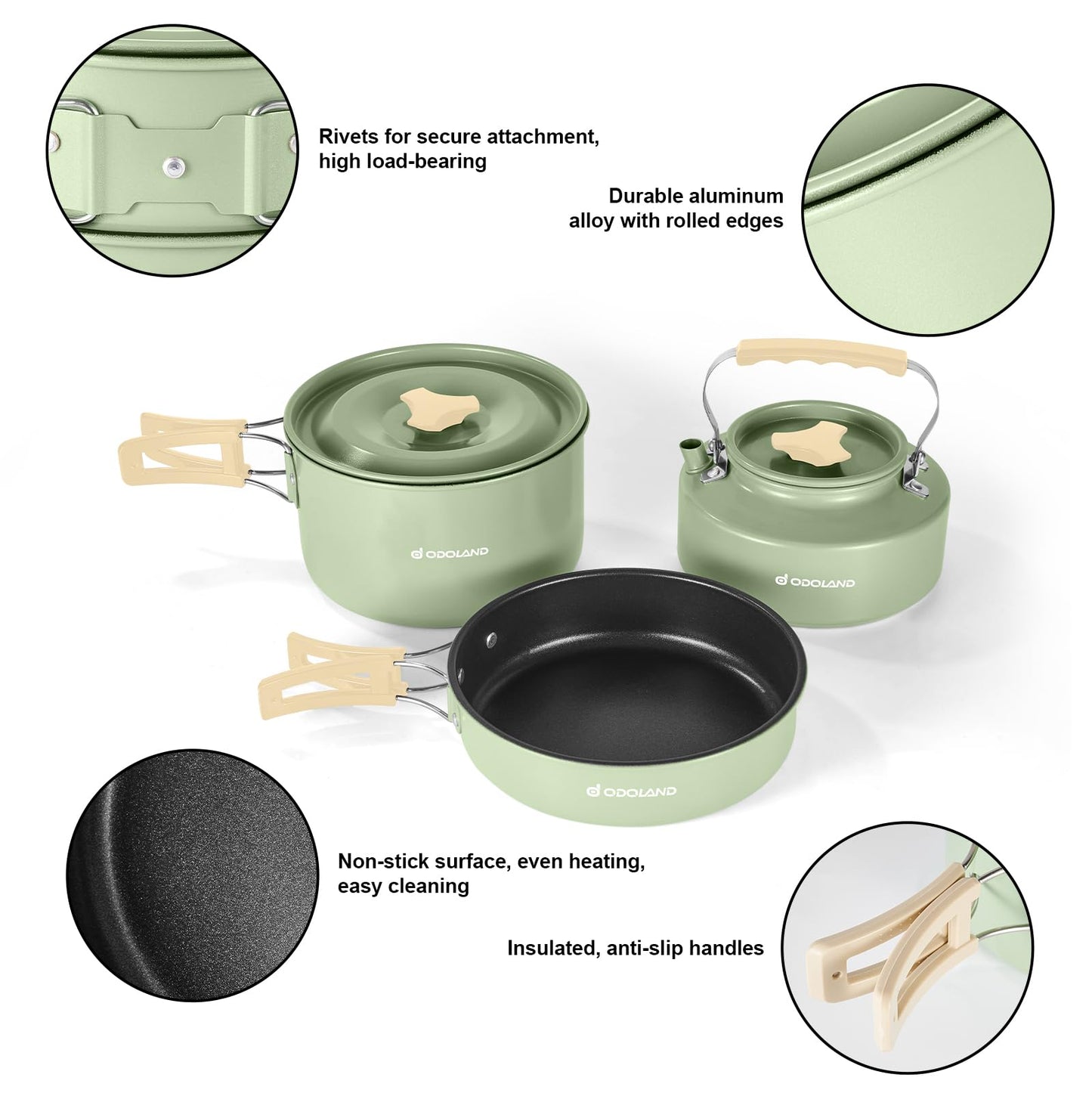 Odoland Camping Cookware Set Non-stick Pot and Pan Set with Kettle, Stainless Steel Utensils Mess Kit, Cups Plates Knives Spoons Forks for Outdoor Cooking