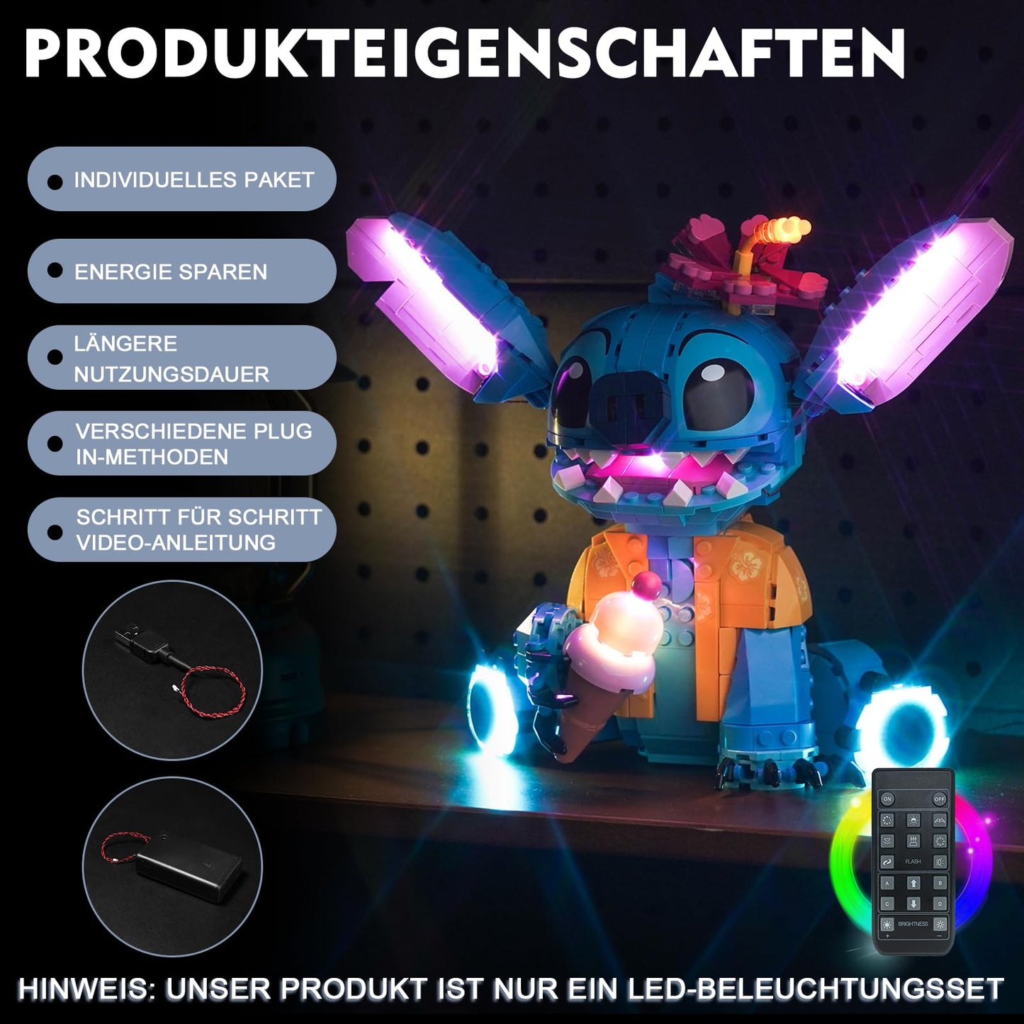 Remote Control Light Kit compatible with Lego Stitch (no model), LED lighting set compatible with Lego 43249 Stitch Creative Toy