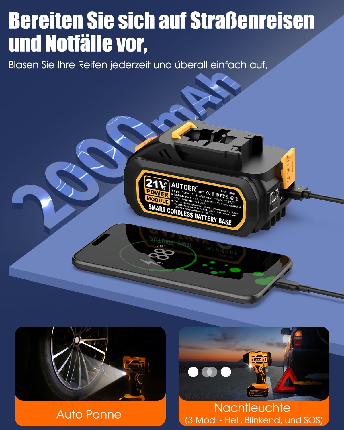AUTDER 180 PSI Battery Air Compressor - Portable tire inflator with 21V rechargeable battery & 12V DC car adapter, digital air compressor for car, motorcycle, bicycle & sports balls - Yellow