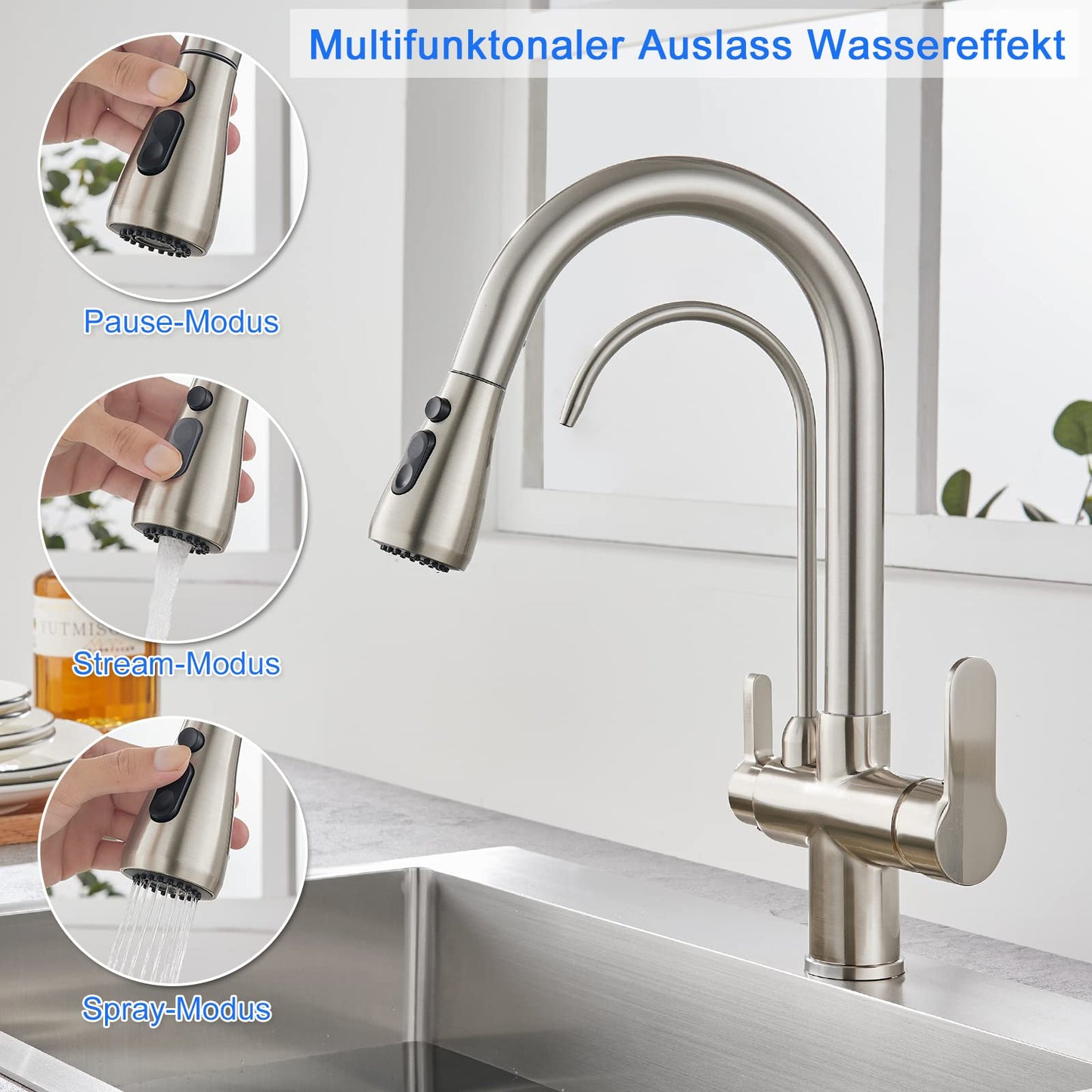 KEOKBON Kitchen Faucet with Drinking Water Faucet, 3-Way Kitchen Tap with High Arc, 3 in 1 Mixer Tap for Sink, Cold and Hot (Brushed Nickel)