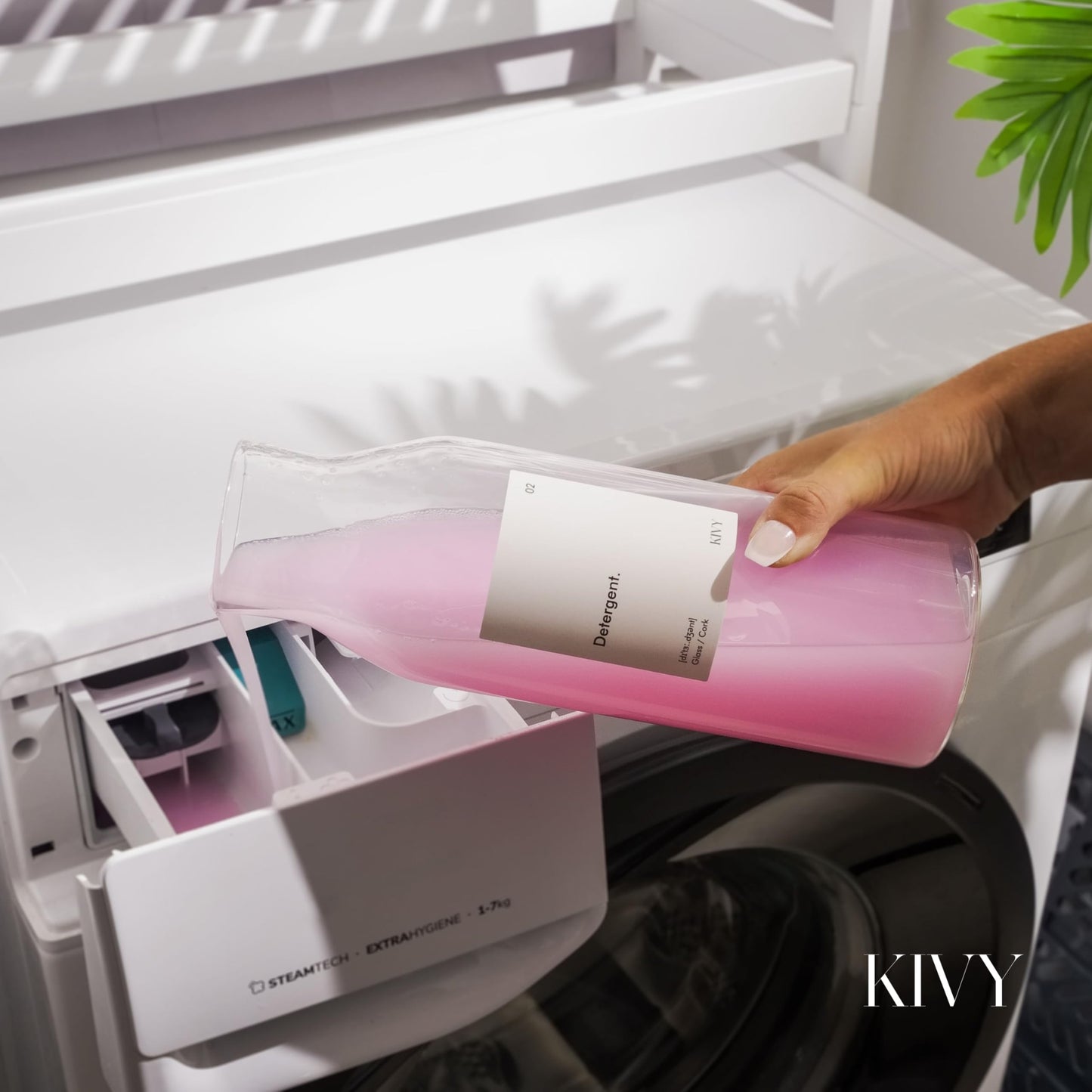 KIVY glass detergent dispenser 4-pack with labels - fabric softener storage laundry detergent storage liquid - liquid detergent dispenser - container for powdered detergent storage box organizer