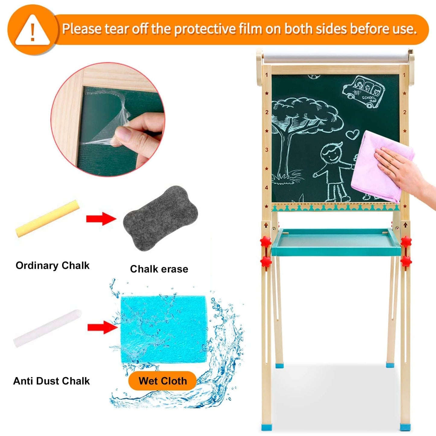 Children's easel with paper roll, double-sided whiteboard and chalkboard. Adjustable standing easel with numbers and other accessories for kids and toddlers.