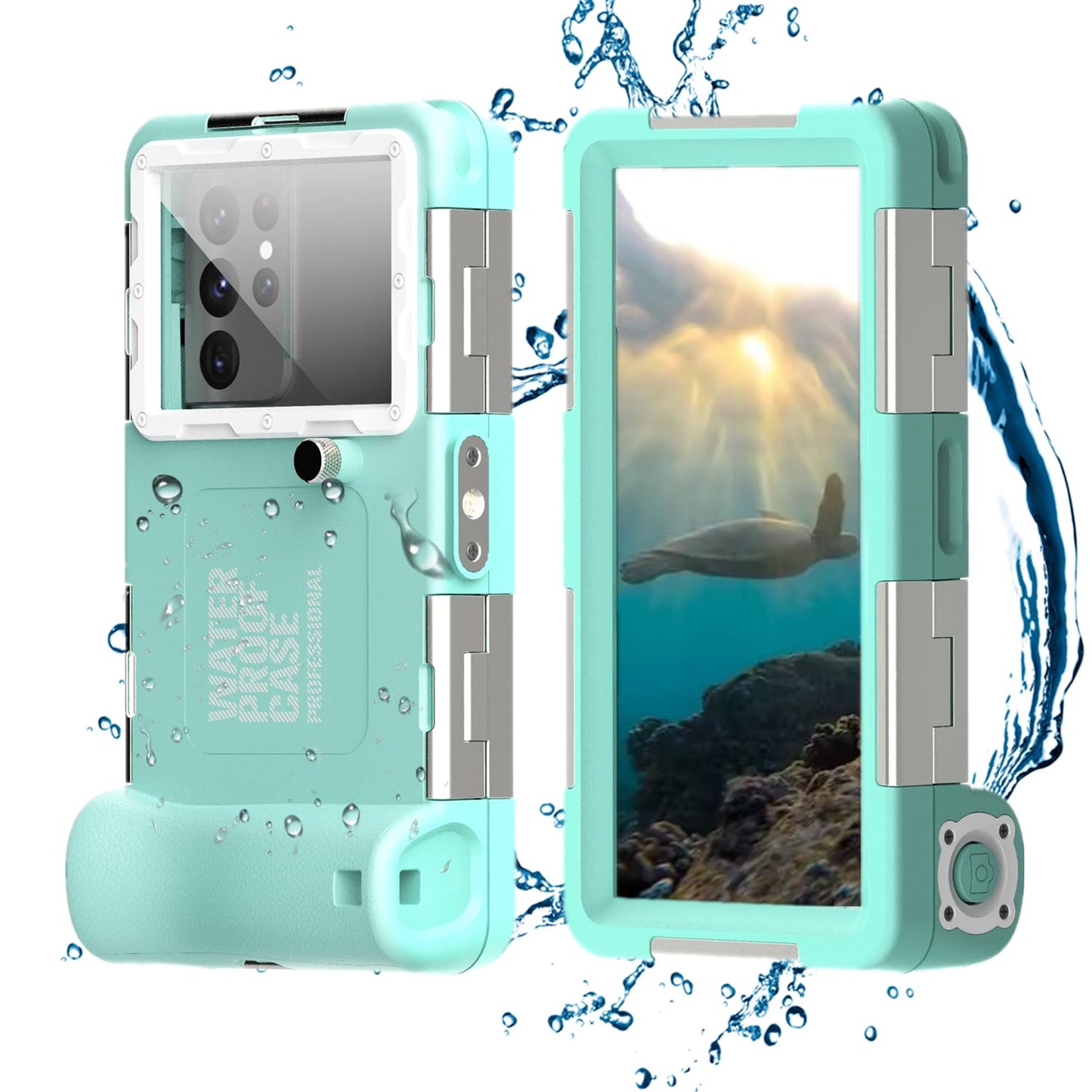 IPX8 waterproof diving phone case for swimming. Universal underwater cover for iPhone 16 15 13 11 Samsung S25 S23 S21 Ultra Huawei Google OnePlus Xiaomi LG (2nd Gen Blue White).