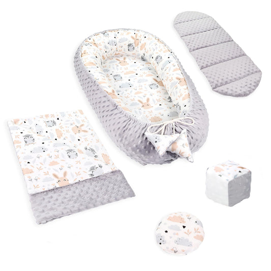 Baby Nest Set, portable cuddle nest for newborns with handle for crib. 6-piece bed nest with peaceful sleep accessories. Owl design in light grey.