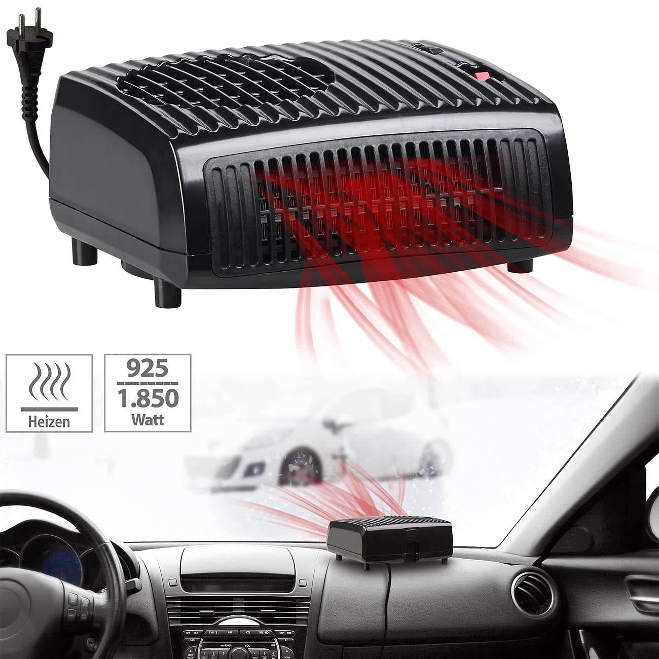 AGT Car Fan Heater: Electric ceramic auxiliary heater, 2 heat levels, 1,850 watts, 230V (defrost car windows electrically, electric window defroster, desk outlet).