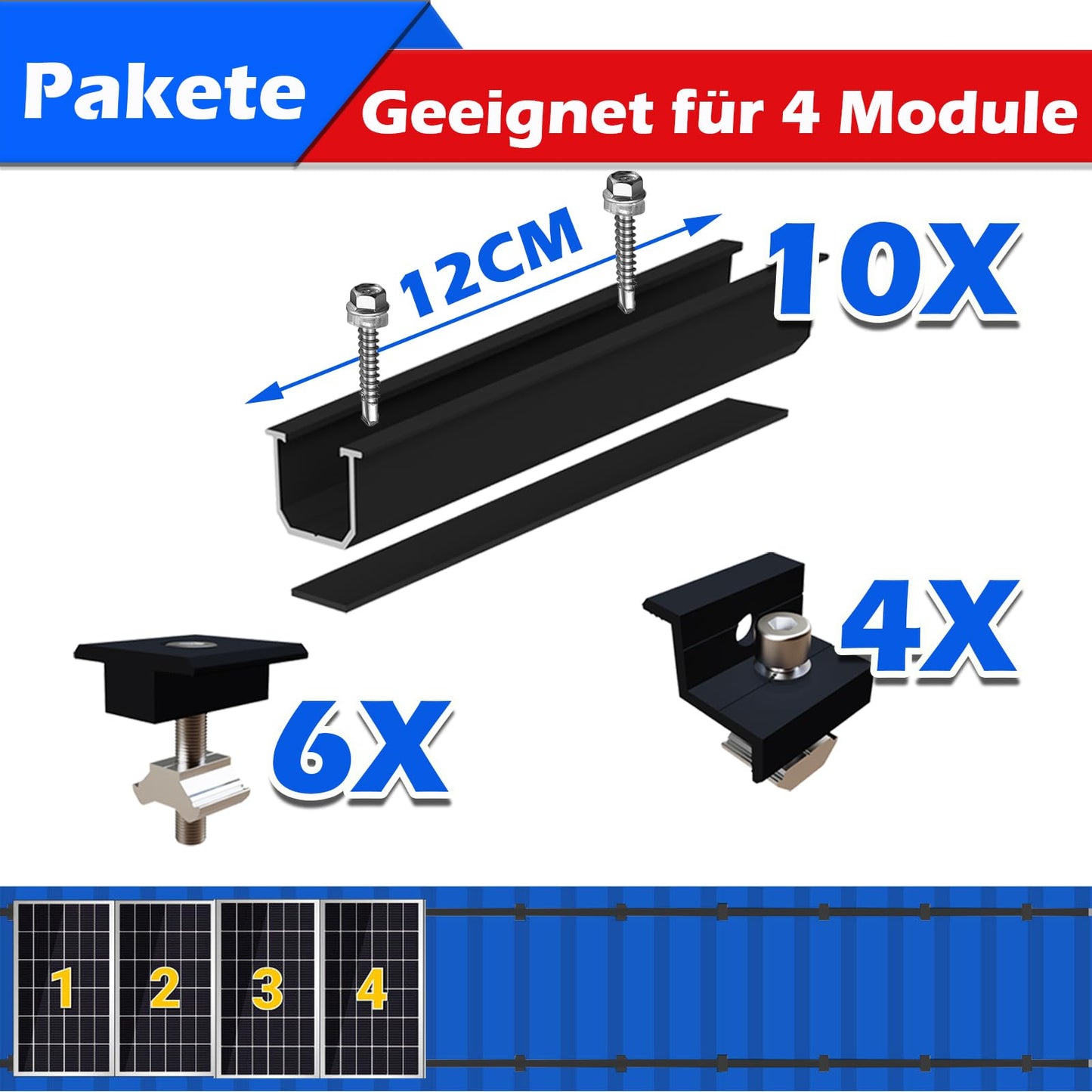 Warmfei Solar Module Mounting Kit, Black 12CM Aluminum Profile and Adjustable Clamps Fastening for Solar Module, Solar Panel Bracket 4 Module 30-35MM for Flat Roof Trapezoidal Sheet Metal Roof