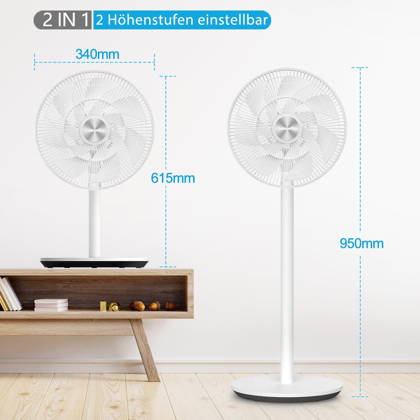 LeaderPro Stand Fan-12.8db Quiet with Remote Control, 8 Speeds, Adjustable Height, 120° Oscillation, 8H Timer, DC Motor Fan for Bedroom, Living Room, Kitchen, White