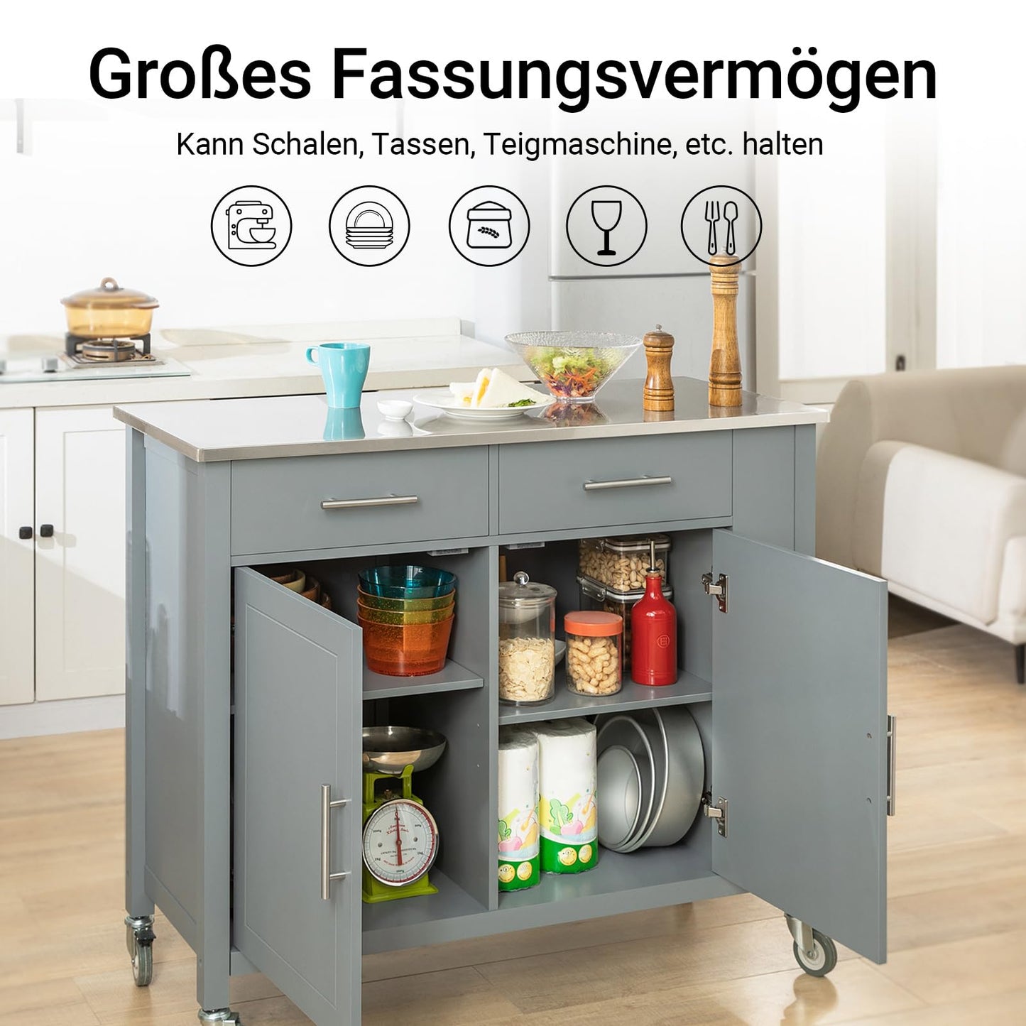 SoBuy kitchen trolley with stainless steel top, rolling cart with side shelf, sideboard, kitchen island, kitchen cabinet & serving cart on wheels, mobile trolley for kitchen organization in gray, 107x94x46 cm FKW108-HG.