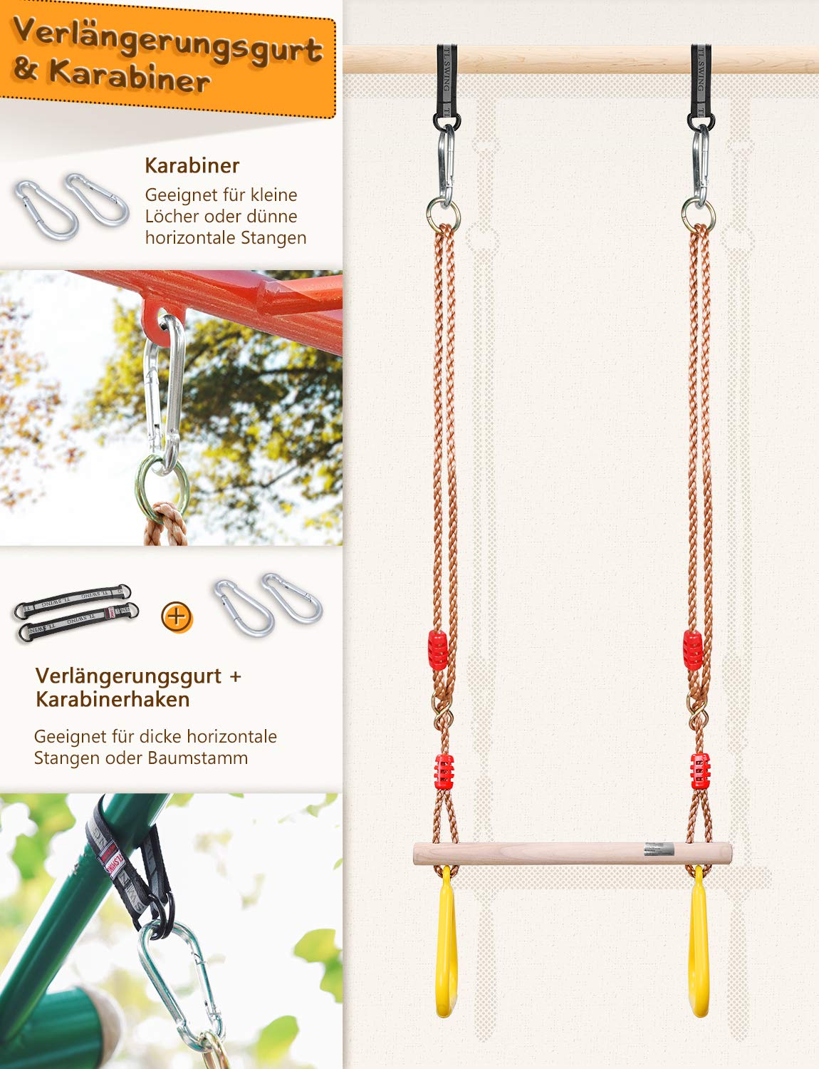 GHB Swing Trapeze Swing Swing Kids with plastic gymnastic rings for kids outdoor hanging capacity up to 120KG Yellow