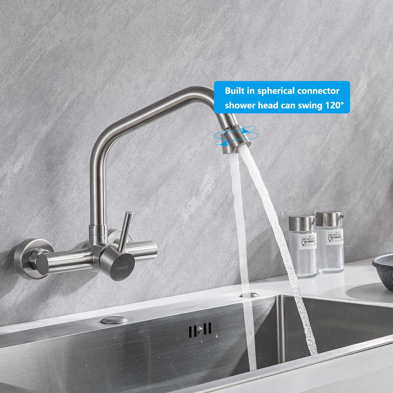 ONCE wall-mounted kitchen faucet with 2 spray settings, kitchen faucet wall mixer with 360° swivel, wall-mounted kitchen sink faucet in brushed stainless steel, matte.