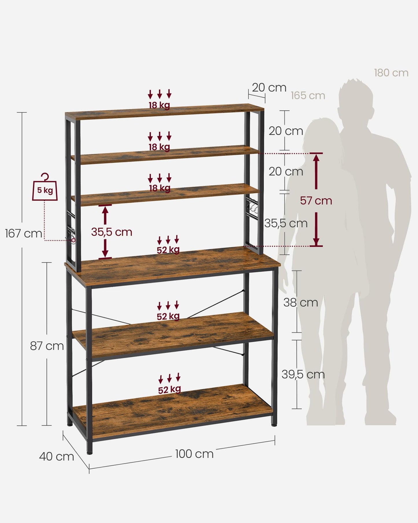 VASAGLE Kitchen Shelf, shelving unit, microwave shelf, standing, 6 shelves, 6 hooks, steel frame, industrial design, 40 x 100 x 167 cm, vintage brown-ink black KKS039K01