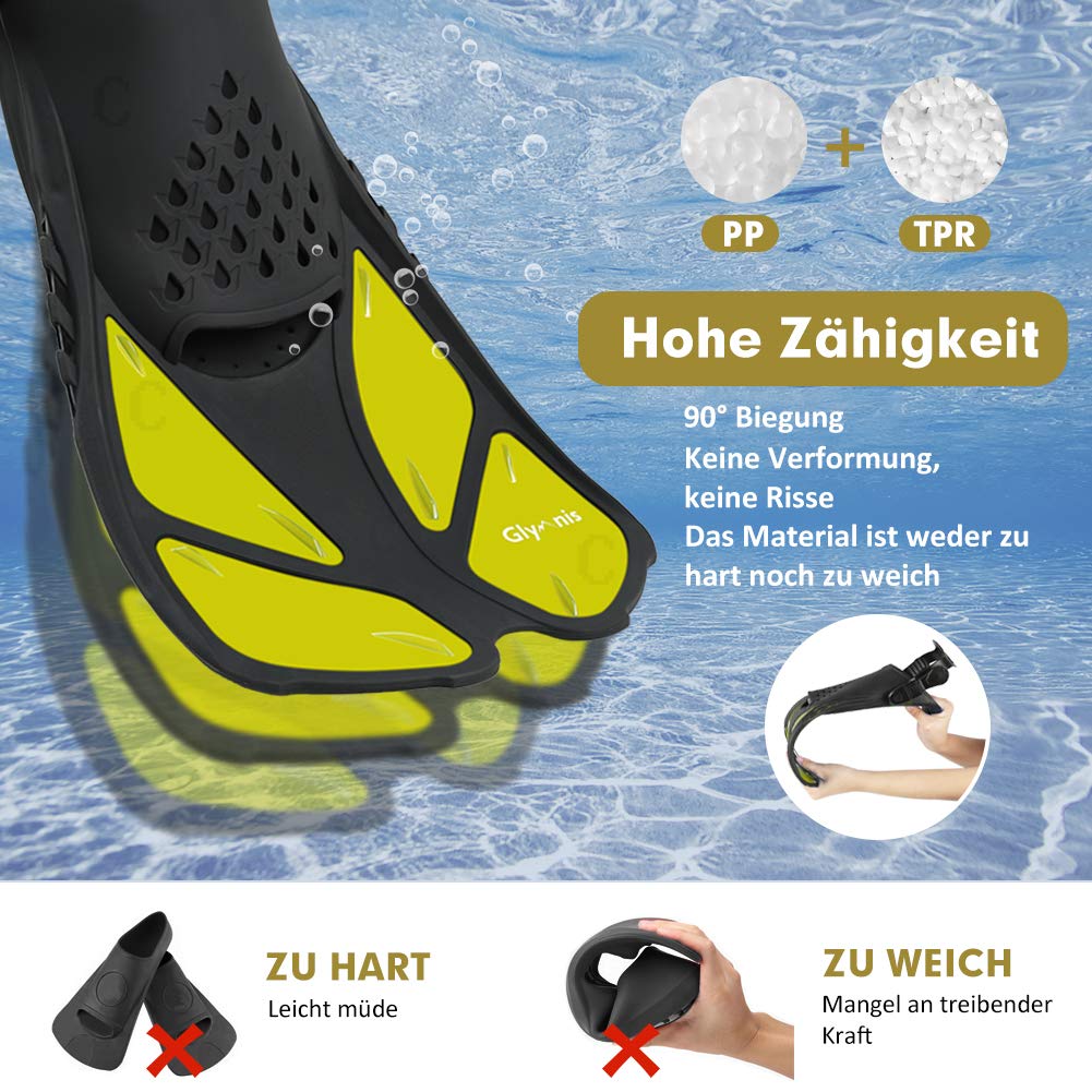 Glymnis Adjustable Swim Fins for Adults and Kids, Short Diving Fins for Diving Swimming Snorkeling (Black/Yellow, S/MD)