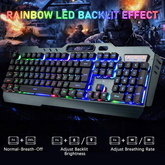 Wireless gaming keyboard and mouse set, 2.4G rechargeable 3800mAh large capacity, rainbow LED backlight gaming keyboard + 2400DPI 7-color breathing backlight mouse.