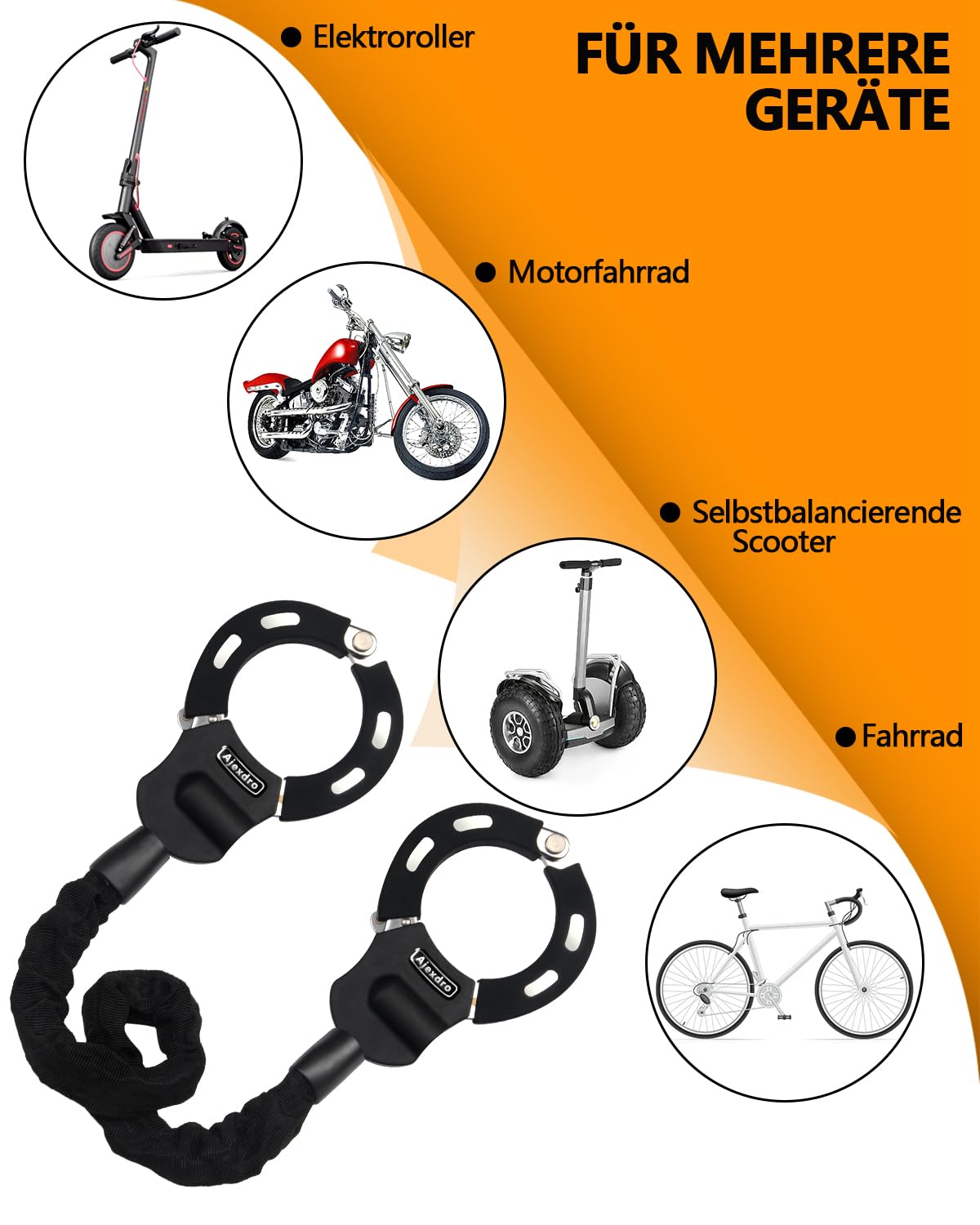 E-scooter lock, handcuff lock with key, lock for e-scooter with rubber lock sleeve, bike lock high security, 90cm, ideal for e-scooter, bike, stroller (key lock A)