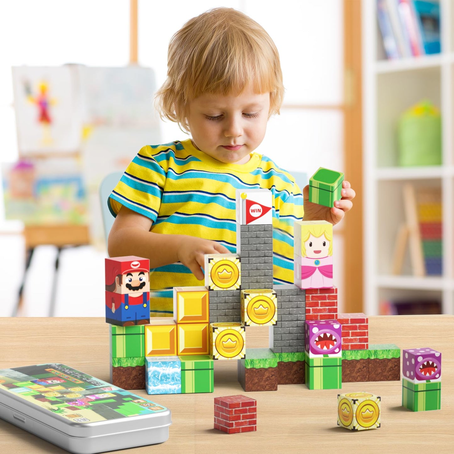STEM MATCH Magnetic Building Blocks Travel Toy for Kids, Portable Iron Box Magnetic Building Blocks 35 PCS, Magnetic Construction Toy Travel Toy Gift for Kids aged 3+ years.