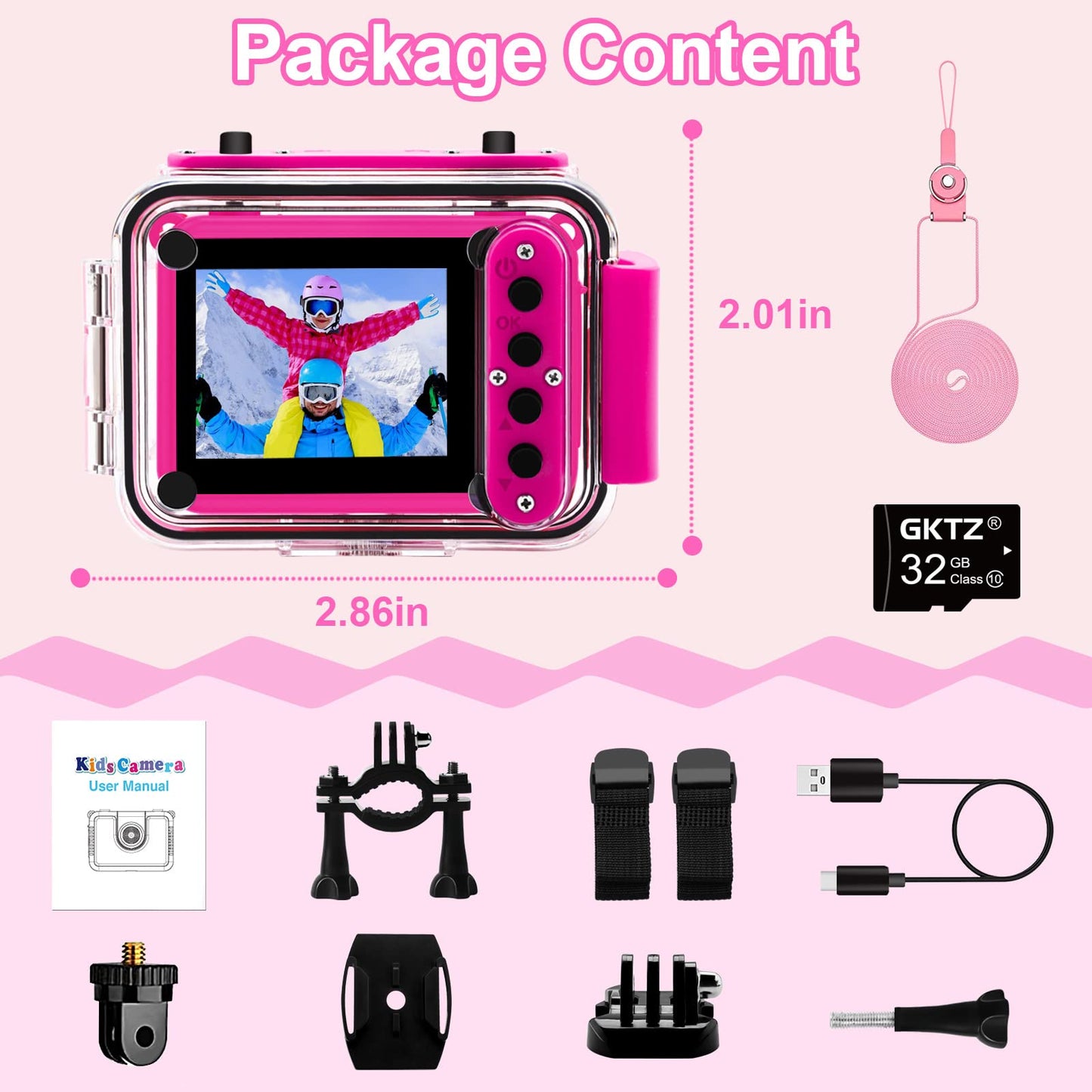 GKTZ Gift for Girls 3-12 years old, Kids Camera waterproof with 32GB SD card, 20MP & 1080P HD Selfie Digital Camera for Kids, Children's Underwater Camera
