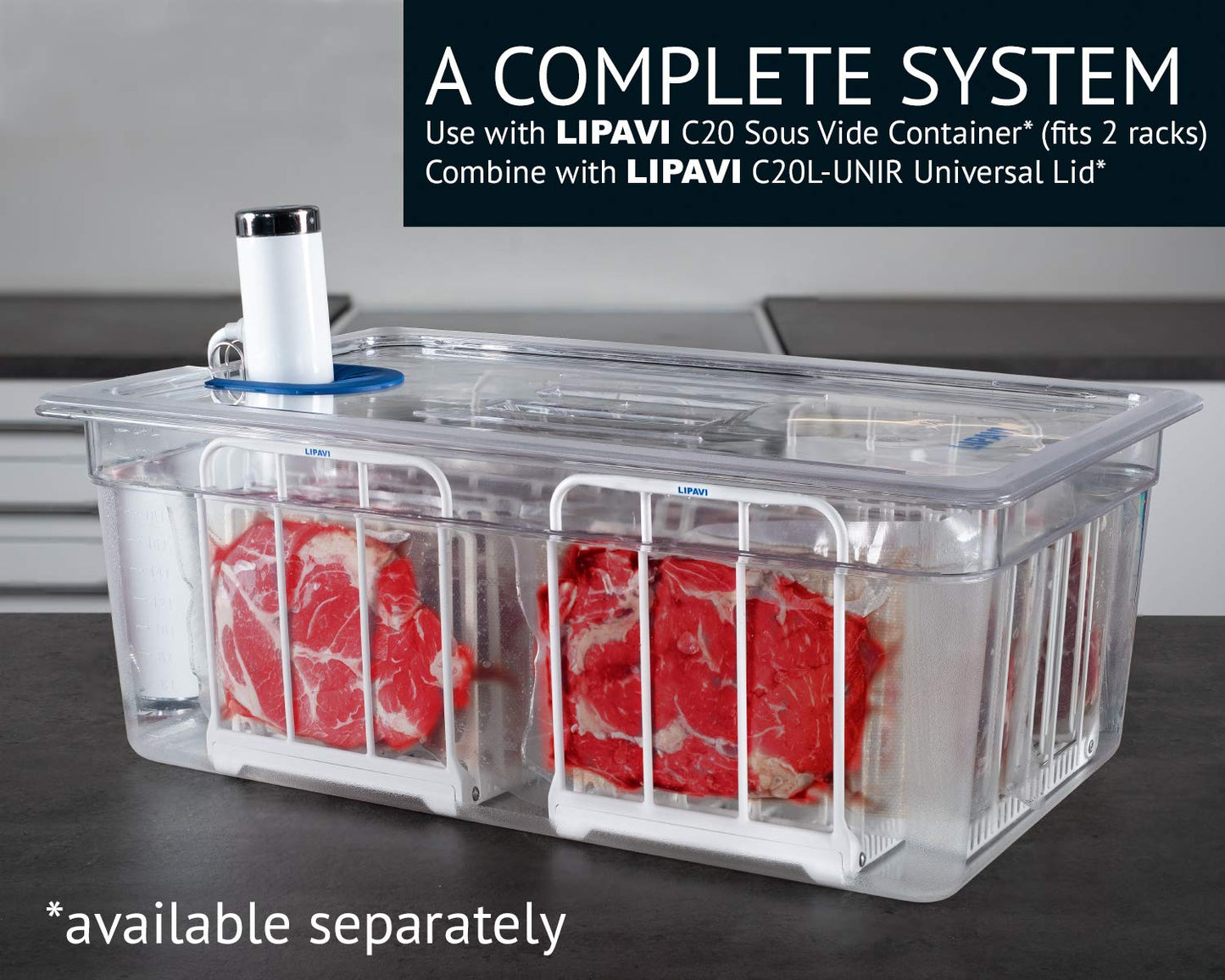 LIPAVI N20X Sous Vide Rack made of Polycarbonate and 316L Stainless Steel Adjustable, foldable out of Stainless Steel | Vertical rack for cooking | Fast, even, and efficient