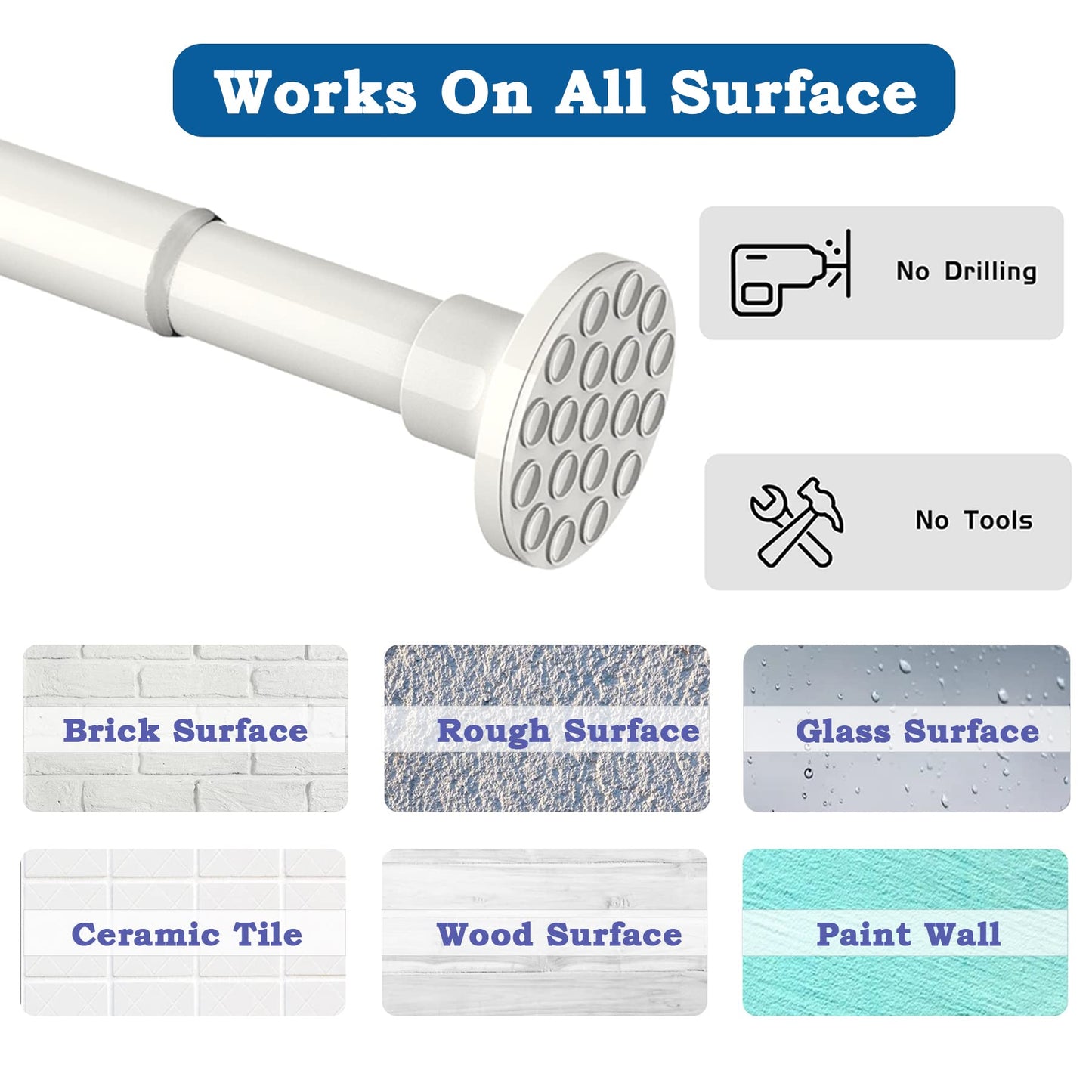 Automg Curtain Rod Extra Long Shower Rod without Drilling Telescopic Rod Curtain Rod for Bathroom, Bedroom White (205-260CM Φ32mm)