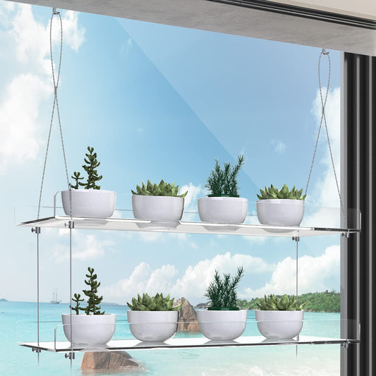 ZerzSemp Hanging Acrylic Plant Shelves for Windows, adjustable height, transparent, hanging indoor window, wall-mounted, plant tray for kitchen, bedroom, for growing herbs.