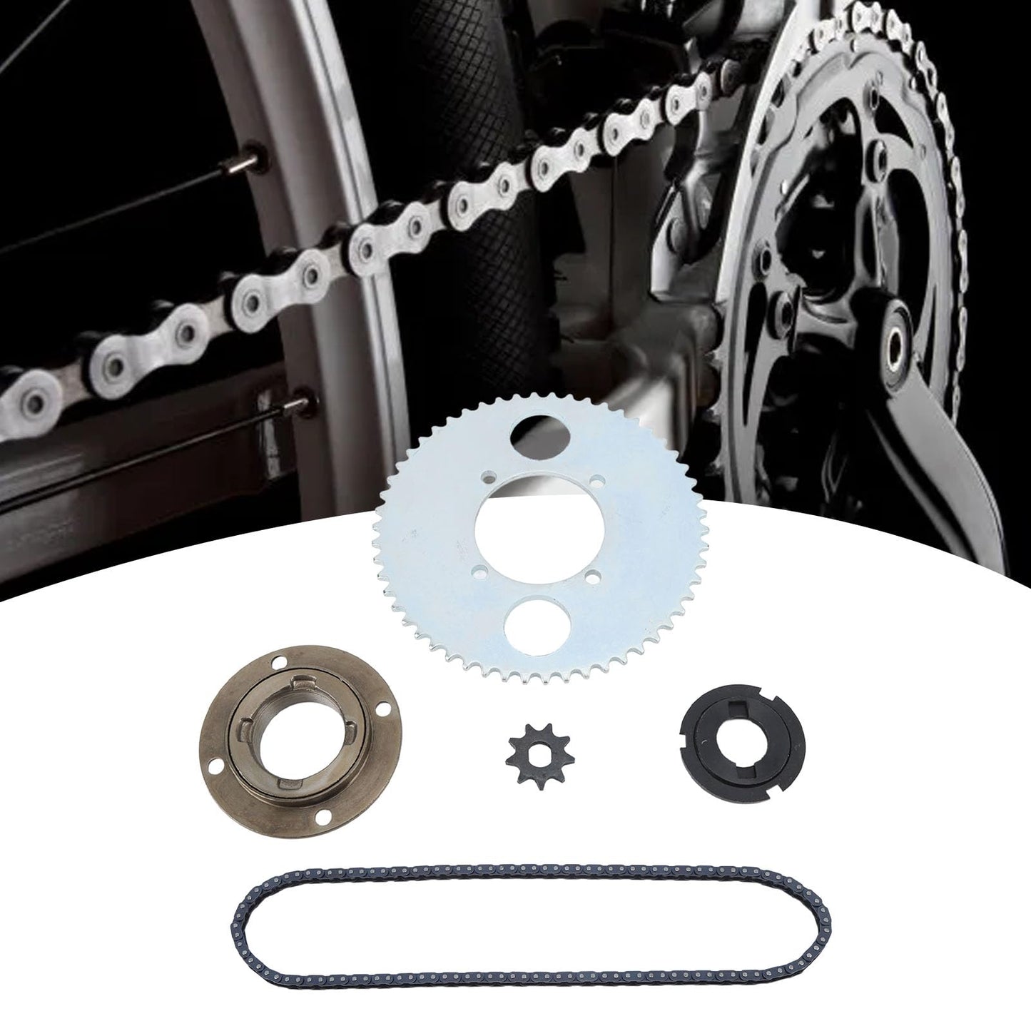 Possibly steel sprocket set with toothless freewheel, 54 teeth, universal chainring for DIY bike, scooter, motorbike.