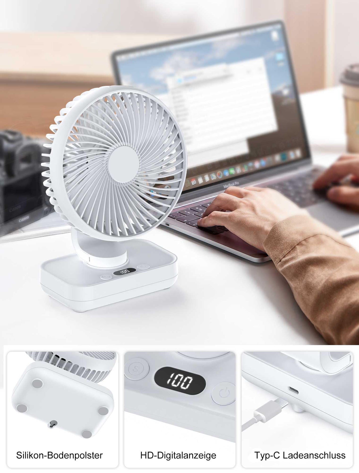 Joneytech Fan Quiet Automatic Oscillating, 4000mAh Battery USB Desk Fan 4 Speeds for Desk, Home, Picnics, and Office - LED Digital Display, 12V Mini Fan.