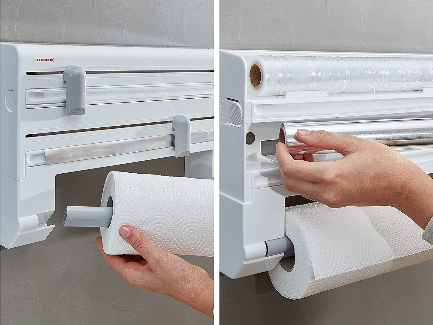 Leifheit Wall-Mounted Paper Towel Holder Parat ComfortLine Series for 3 rolls, clean cut edges with practical cutting blade, kitchen roll holder with foil cutter ensures convenient foil ends.
