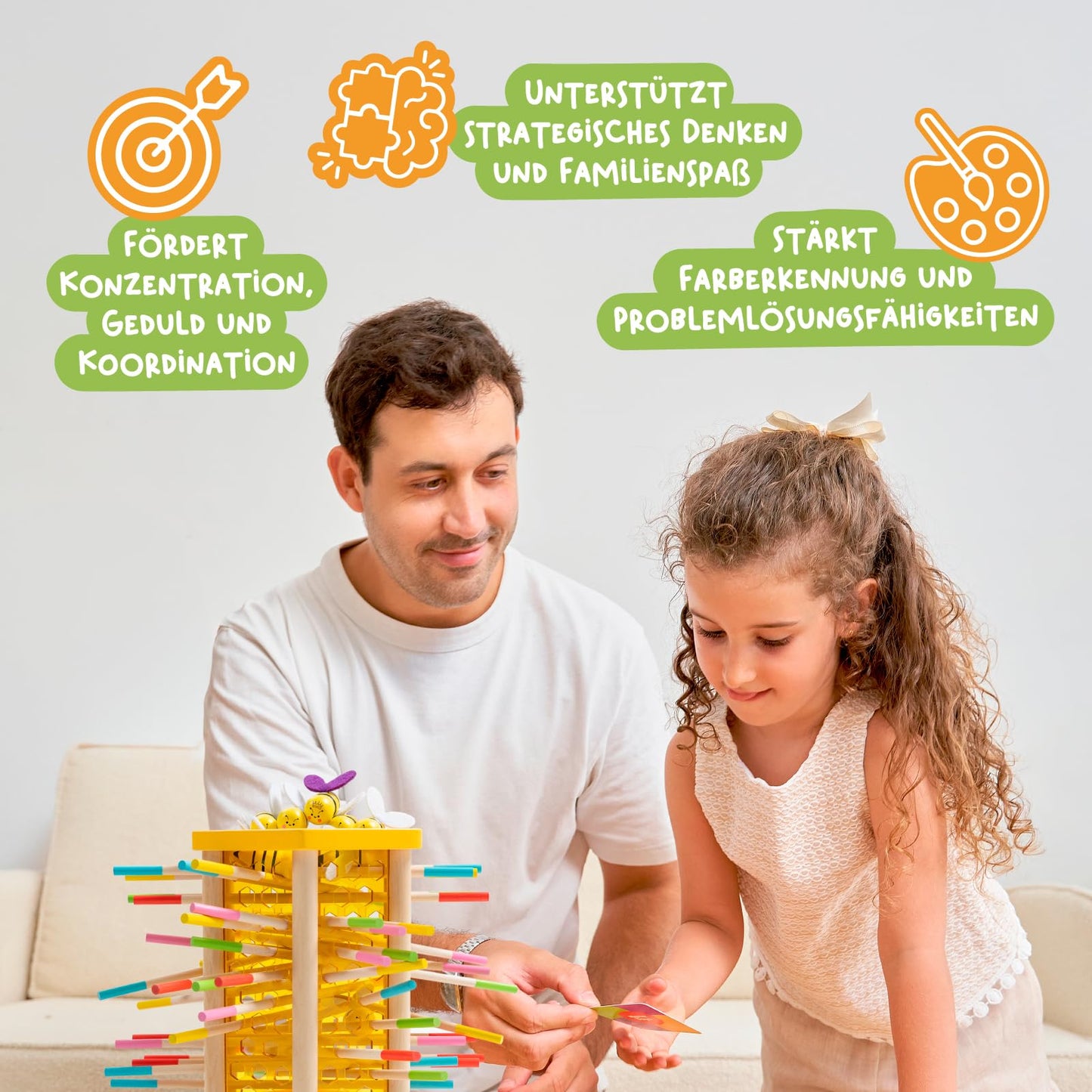 Nene Toys BEEFALL Large, 4-in-1 educational game with bees, Montessori toy for ages 3 and up featuring colorful sticks, dice, and cards - Wooden game for boys & girls 3-9 years - Educational family game