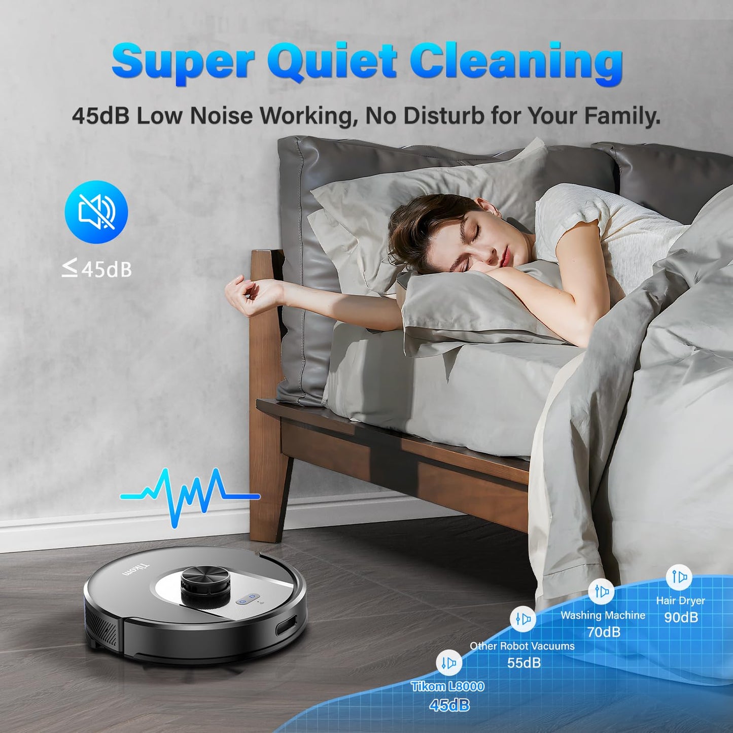 Tikom robot vacuum with mopping function, L8000 vacuum robot with LiDAR navigation, 45dB robot vacuum cleaner, 150 mins max, 14 no-go zones, 20 virtual walls, good for pet hair, carpet, hard floors.