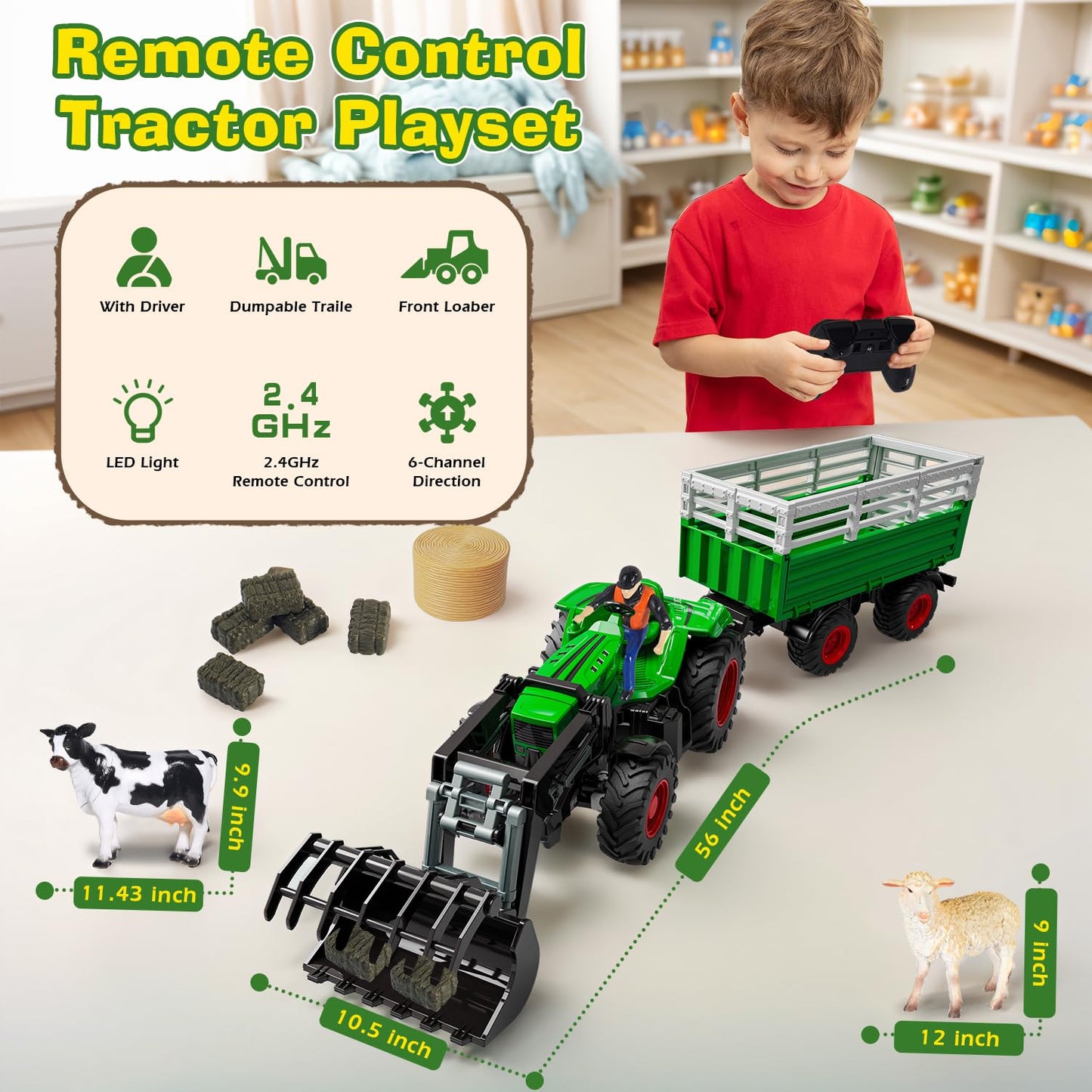 PENGBU RC Remote Control Tractor with Trailer, 2.4 GHz Remote Control Toy Tractor, Kids Tractor Remote Control with Front Loader, Trailer, Cow, Sheep, and Hay Bales for ages 3-8.