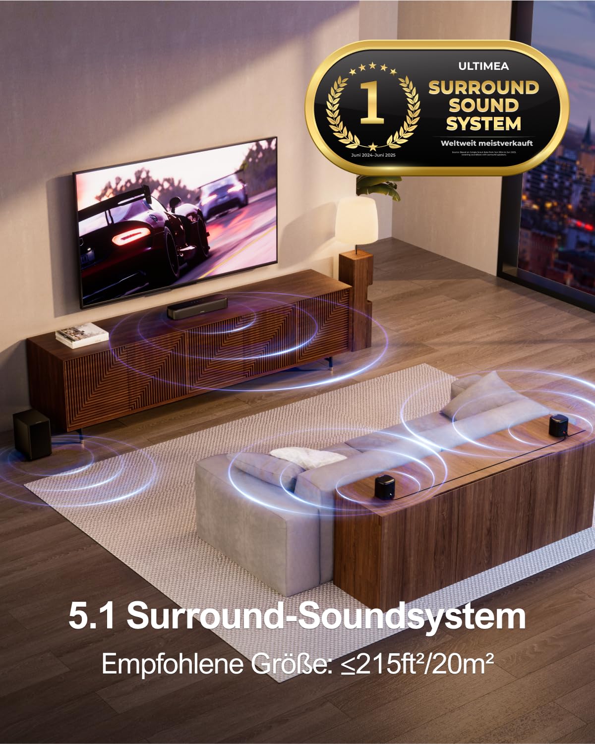 ULTIMEA 5.1 Surround Sound System, soundbar for TV devices with app control, soundbar with subwoofer, 2 surround speakers, home theater sound system with adjustable bass, Bluetooth 5.3, Aura A30