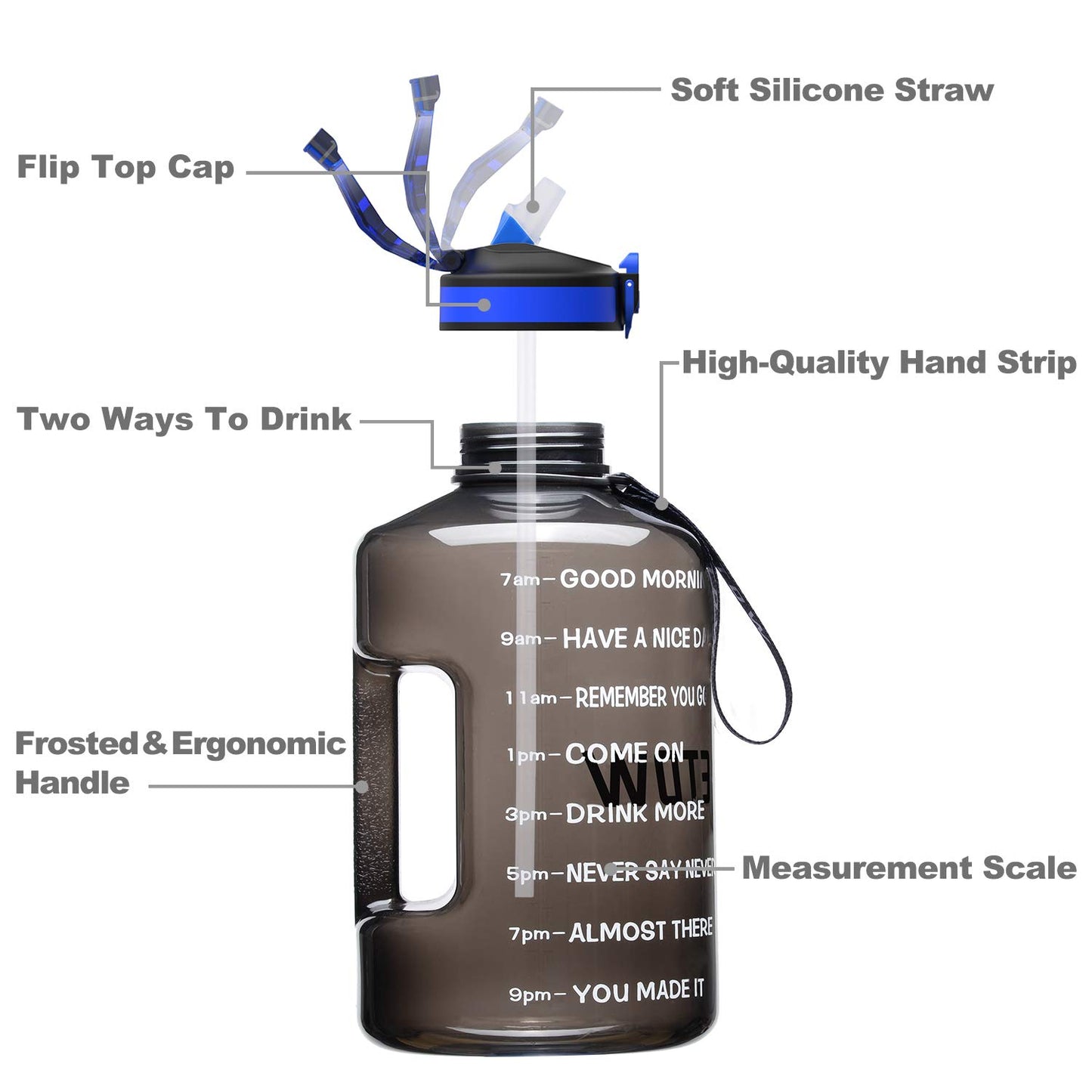 3.78L water bottles with straws, BPA free. Reusable with time markers. Large sports bottle with strong handle for sports, fitness, outdoor activities, hiking.