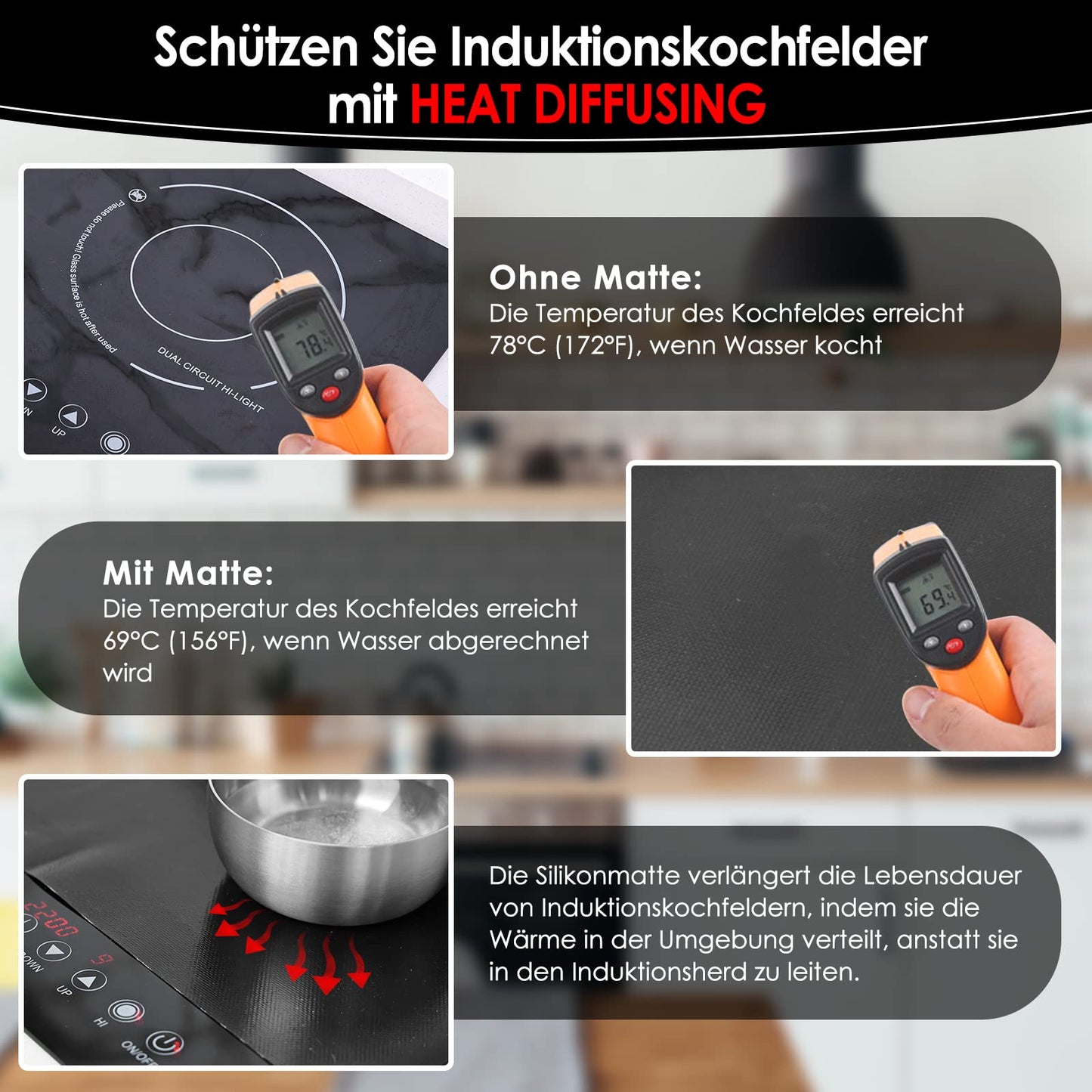KitchenRaku Large Induction Protection Mat, Silicone Induction Cooktop Protection Mat (magnetic) Cooktop Scratch Protection for Induction Stove, Multifunctional Silicone Mats (61x53cm, Pure Black)