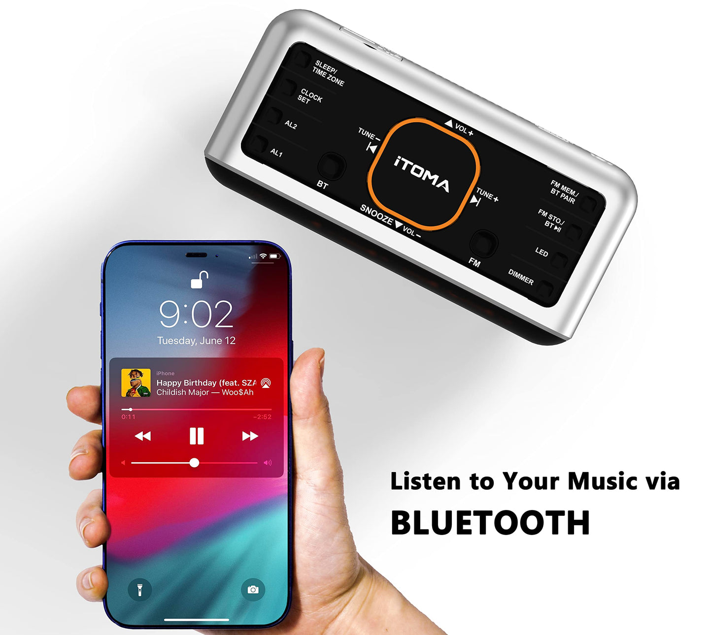iTOMA clock radio with app control, Bluetooth, FM radio, dual alarm from 4 alarm modes, easy snooze, dimmer, orange night light, 12/24 hr through USB charging port CKS208