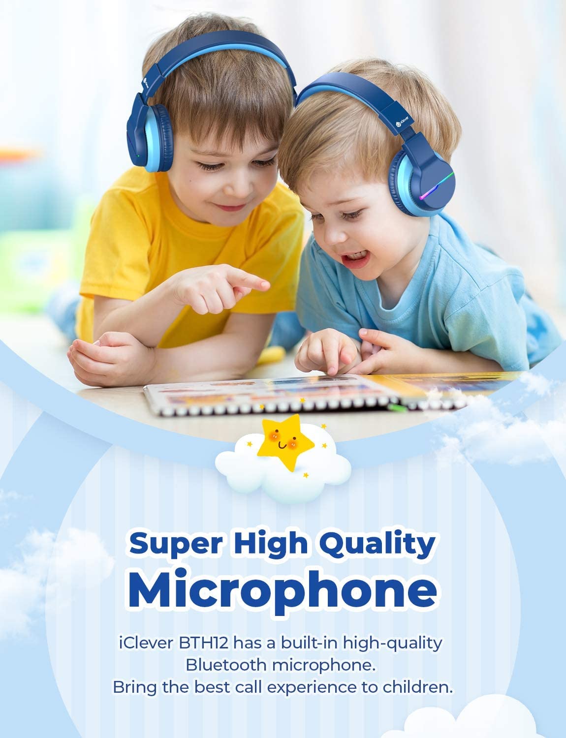iClever Bluetooth Kids Headphones, Colorful LED Lights, Over-Ear Kids Headphones with 74/85dBA Volume Limitation, 85 Hours Playtime, Bluetooth 5.2, Built-in Microphone BTH12
