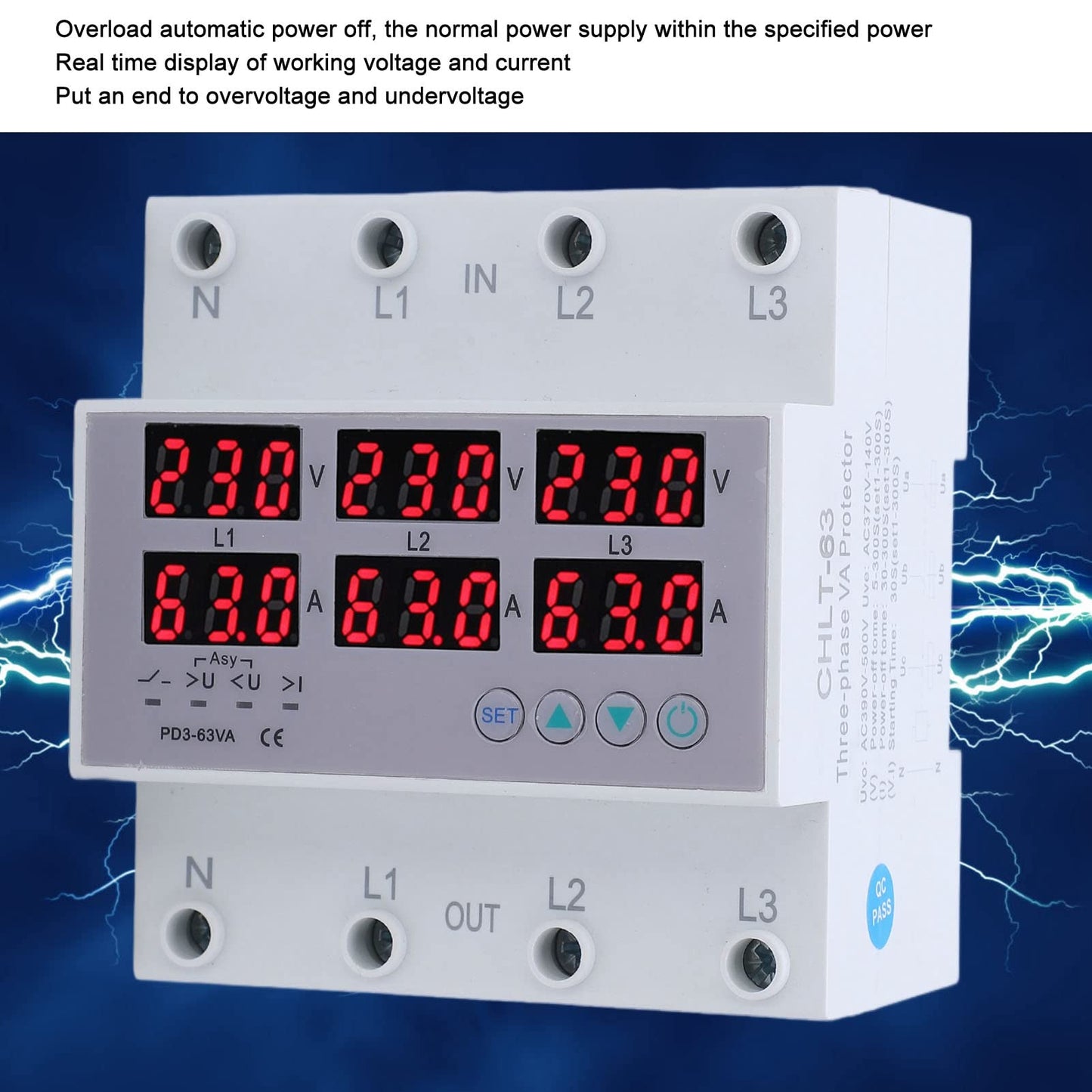 3-phase DIN rail voltmeter power meter, AC 390-500V digital ammeter automatic overvoltage overcurrent protection, 3-phase watt-kWh-ampere electricity tester (40A)